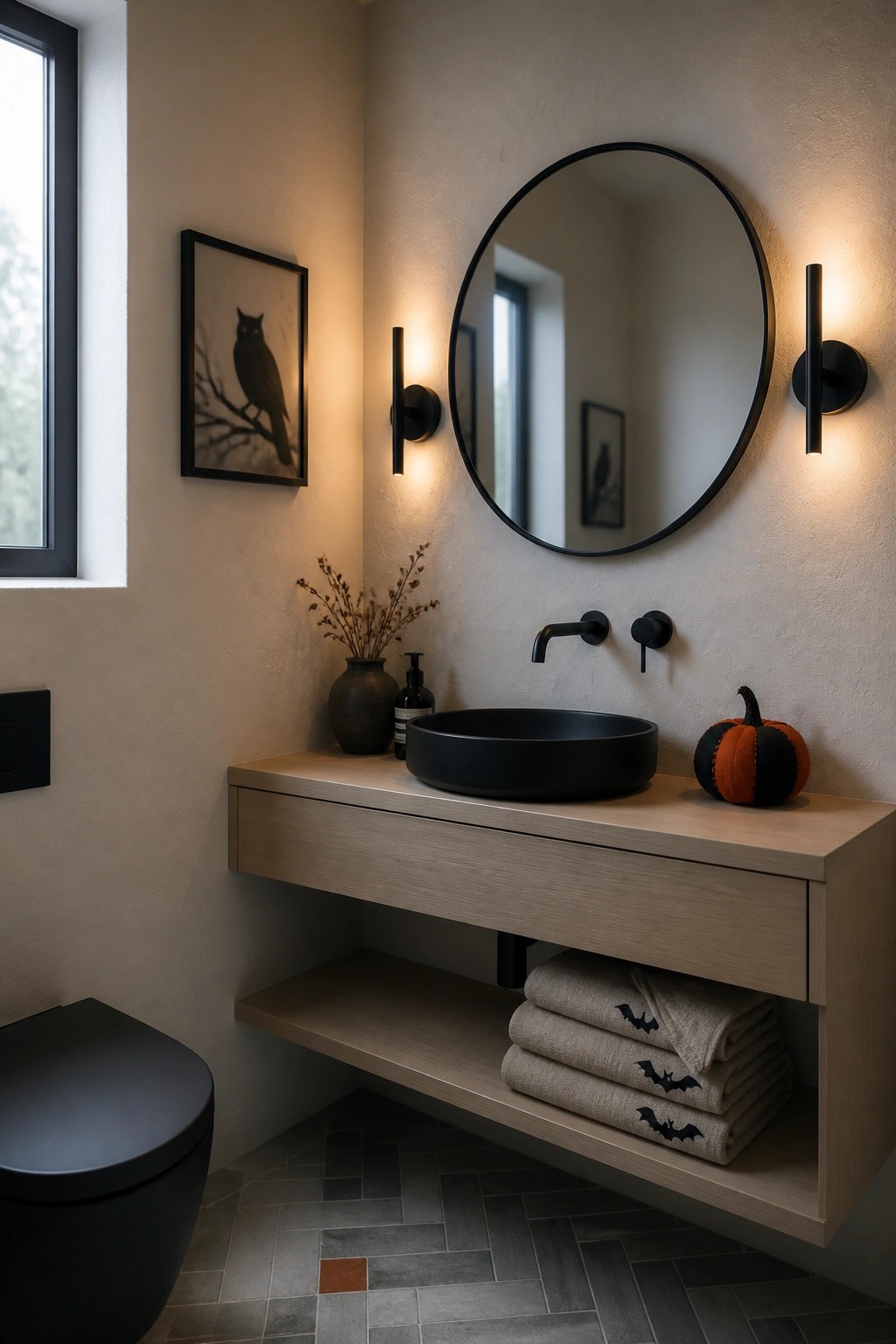 A modern bathroom with a floating wood vanity, black vessel sink, round mirror, and lower shelf holding folded beige towels with bat patterns beside a small orange and black pumpkin.