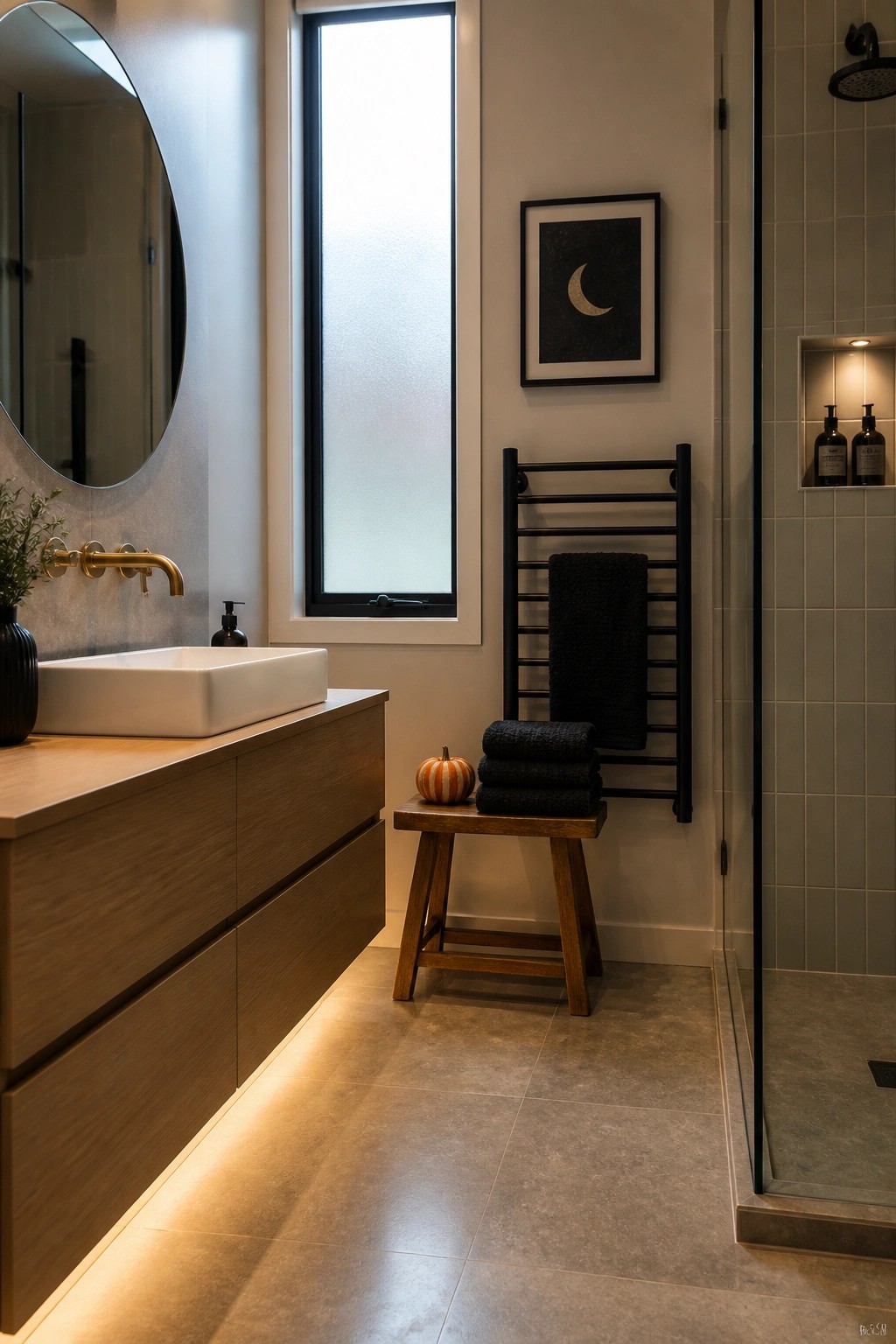 Modern bathroom with wooden vanity, white sink, black towel rack, and stool.