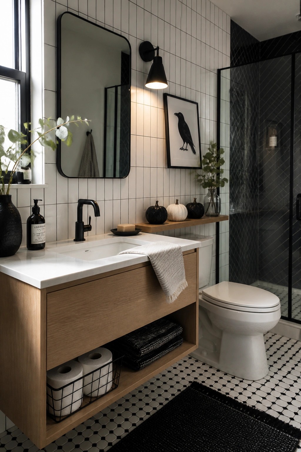 A modern bathroom with a floating wood vanity, black faucet, white tiled walls, and three small pumpkins arranged on a narrow wooden shelf above the toilet.
