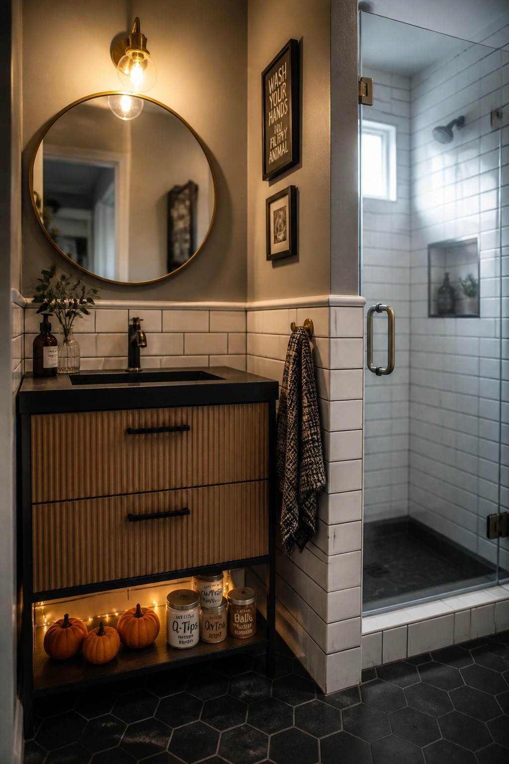 A modern bathroom vanity with wood drawers, a round mirror above the sink, and small orange pumpkins displayed on an illuminated lower shelf beside a glass shower.