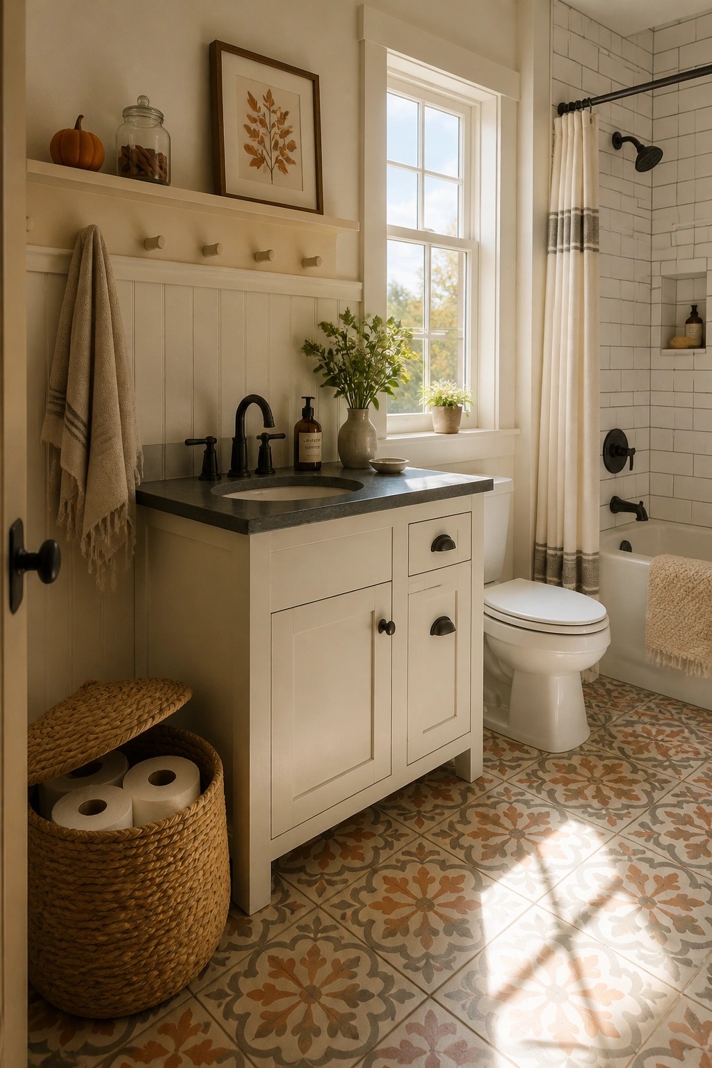 Cozy white bathroom vanity with toilet, woven toilet paper basket, and patterned tile floor