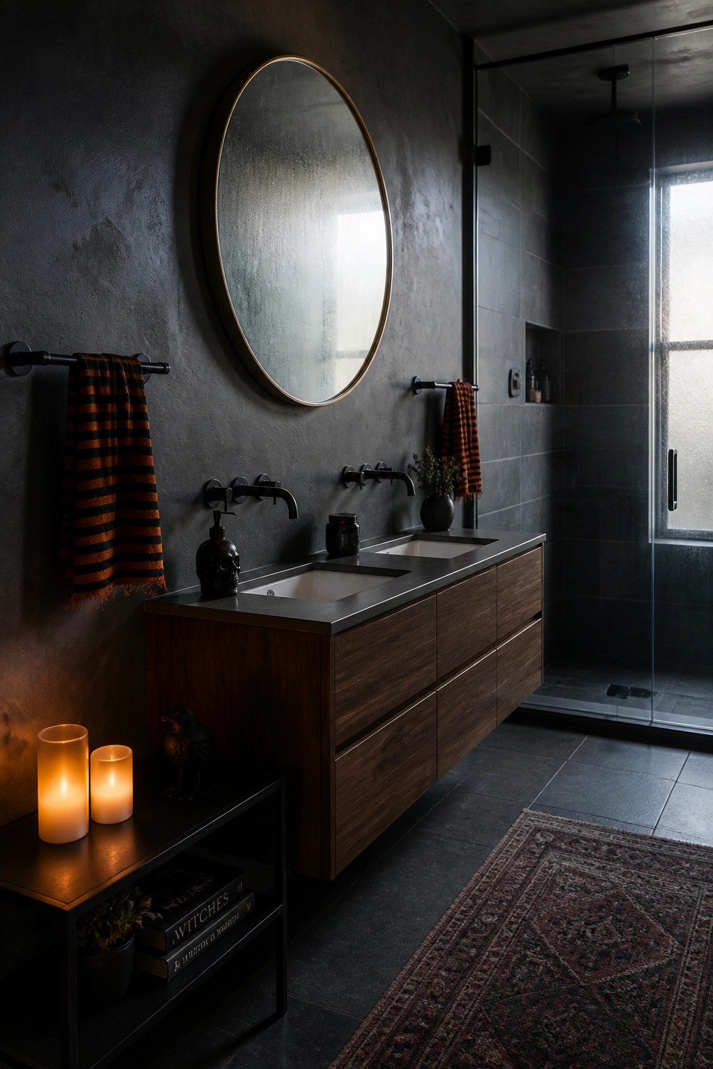 A dark bathroom with a wood vanity, round mirror, black fixtures, striped orange and black towels, and lit candles on a side table.