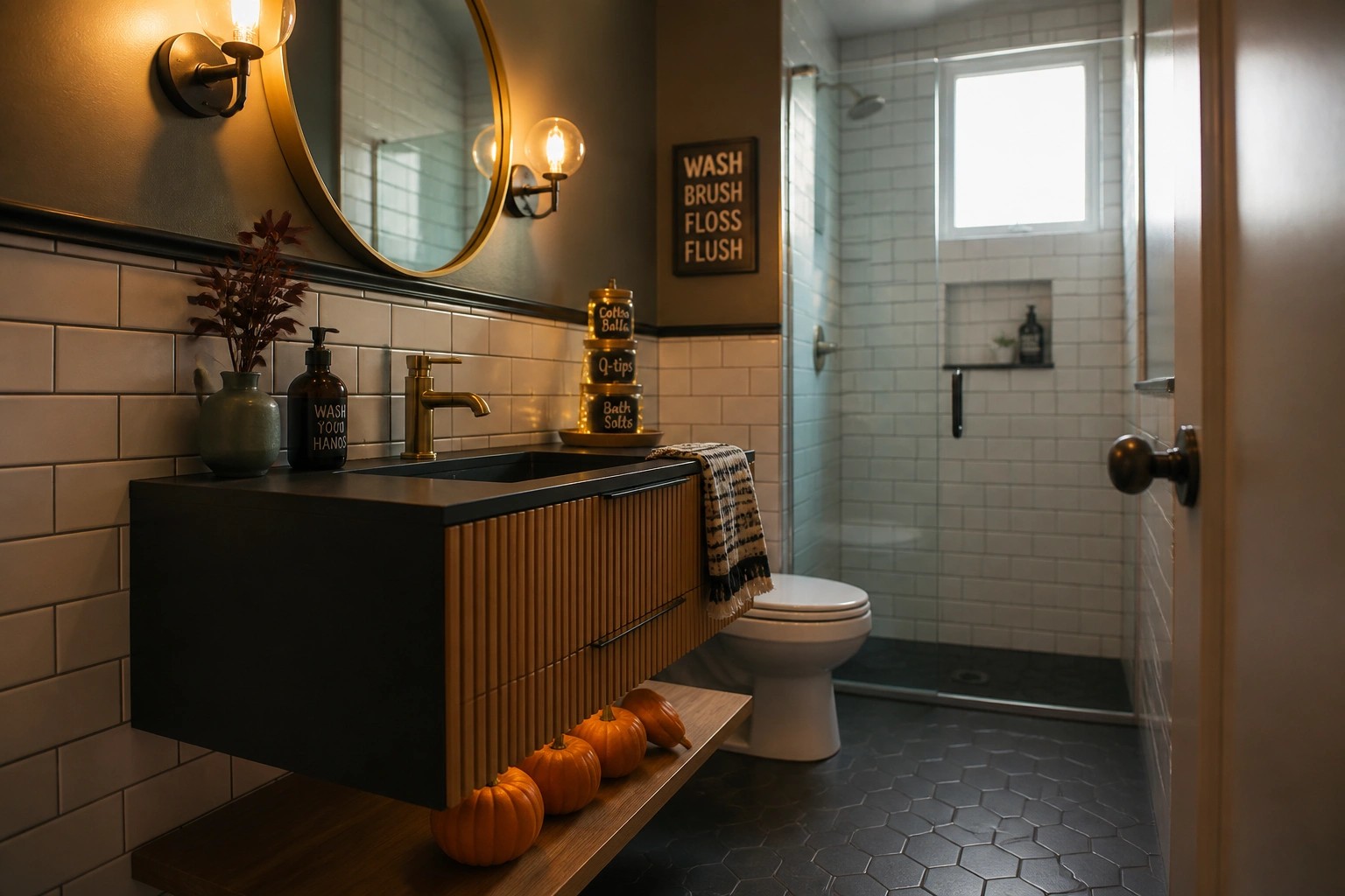 A modern bathroom vanity with wood drawers, a round mirror above the sink, and small orange pumpkins displayed on an illuminated lower shelf beside a glass shower.