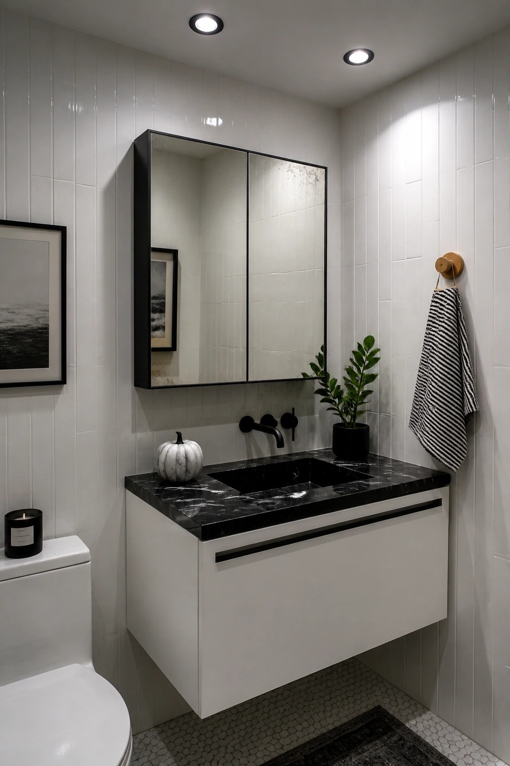 A modern bathroom featuring a floating white vanity with black marble countertop, black sink and faucet, wall-mounted mirror cabinet, and a small white pumpkin on the counter.
