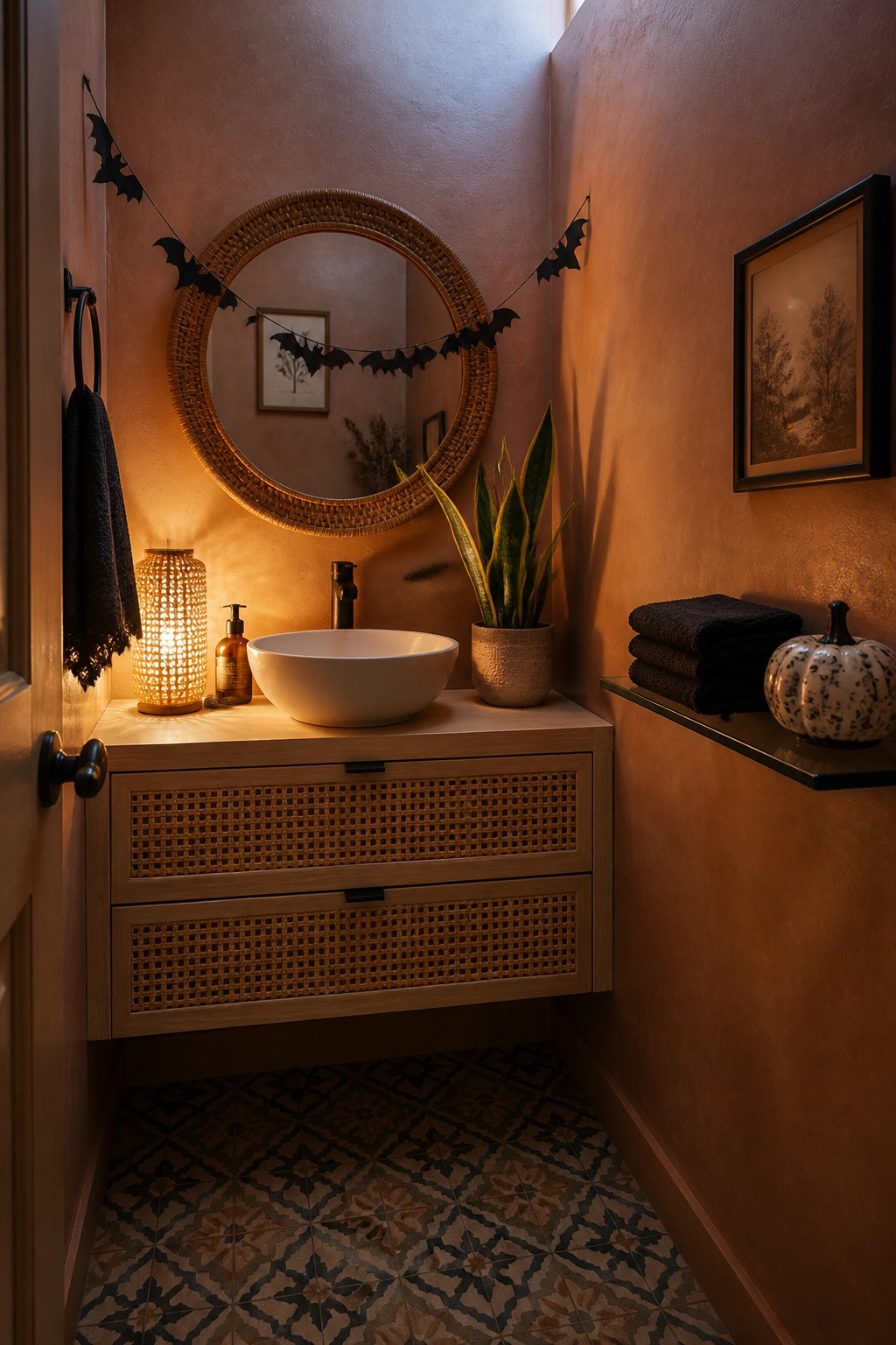 Cozy bathroom with cane vanity, round mirror, bat garland, snake plant, and pumpkin.