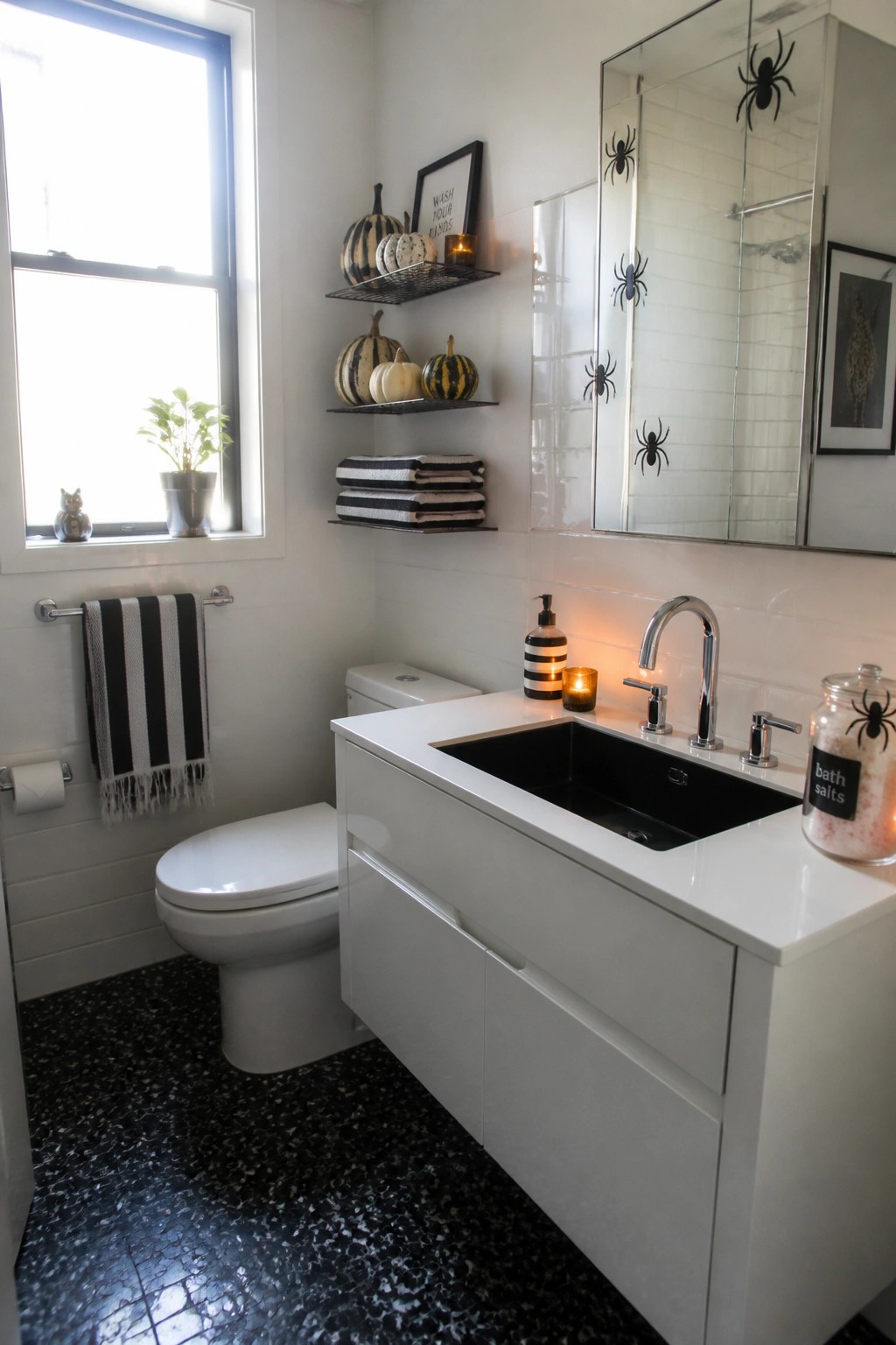 A bathroom with black spider decals placed on the surface of a mirrored medicine cabinet above a white vanity and black sink.