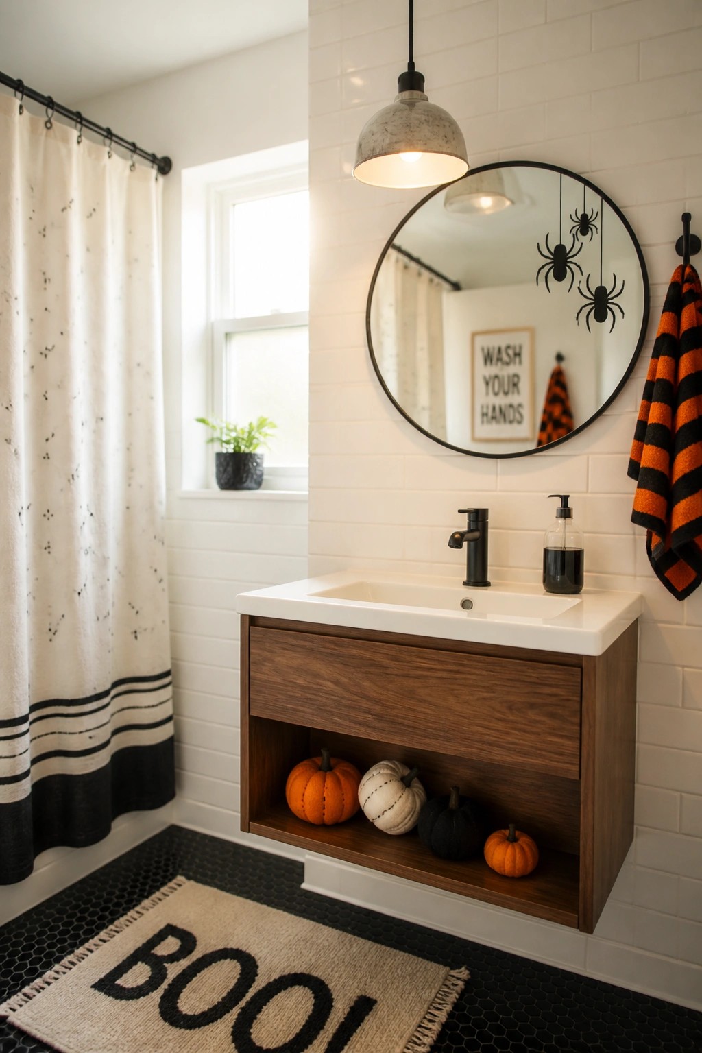 Halloween bathroom with spider mirror, floating wood vanity, pumpkins, and boo rug