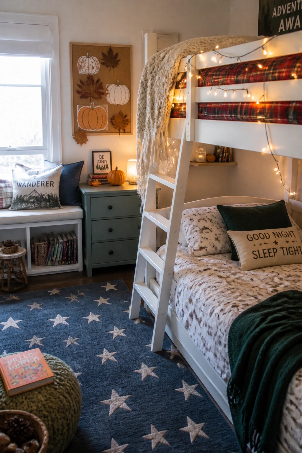 A white bunk bed with string lights wrapped around the frame, plaid blankets, and fall pumpkin decor in a bedroom with a blue star rug and window seat.