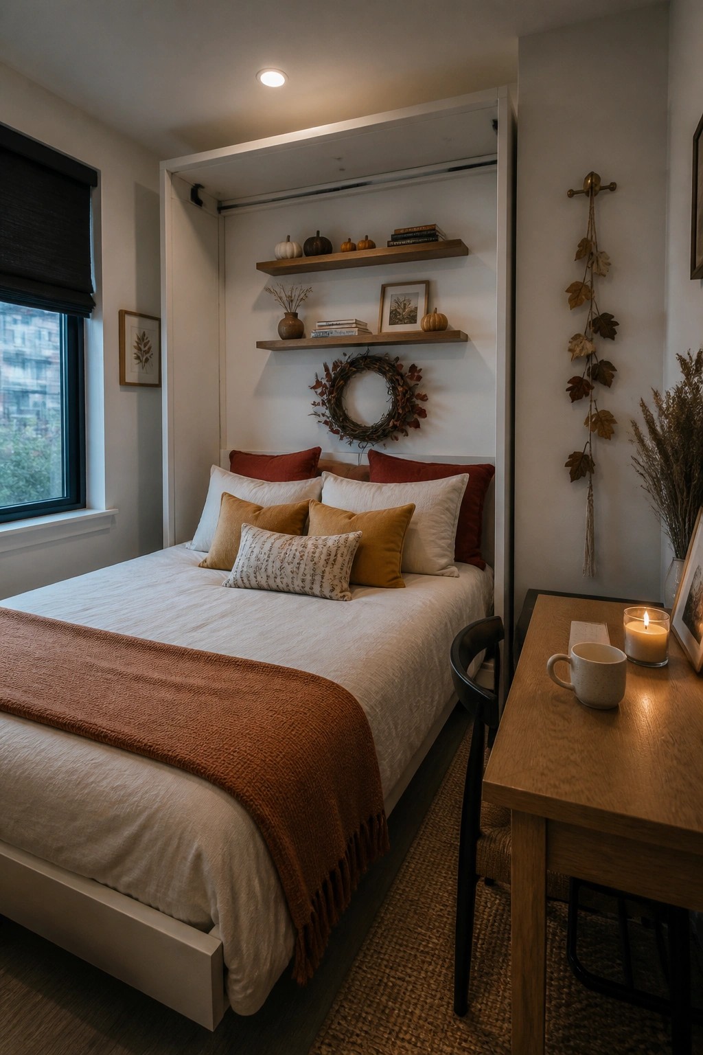 A bedroom with a bed in a recessed nook, white and rust bedding, floating wooden shelves above holding small pumpkins and books, and a dried wreath on the wall.