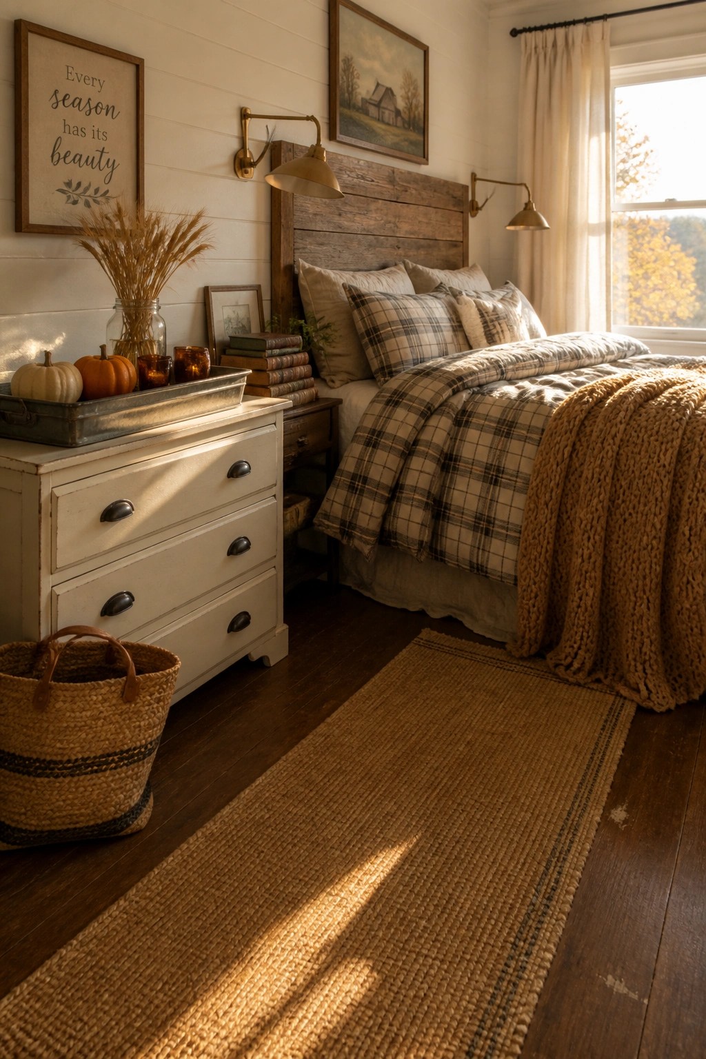 A bedroom featuring a wooden bed with plaid bedding, a chunky knit throw draped over the end, a white dresser holding small pumpkins and dried grass, wall sconces, and woven rugs on dark wood floors.