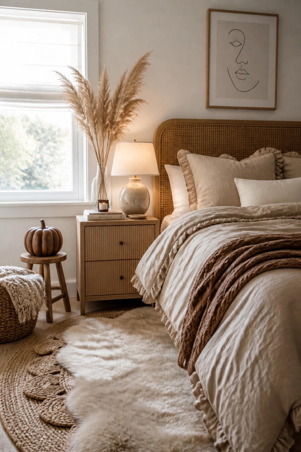 A bedroom with a bed layered in neutral linens and a brown chunky knit throw, a wooden nightstand holding a lamp and dried grasses, and a small pumpkin on a stool beside a window.