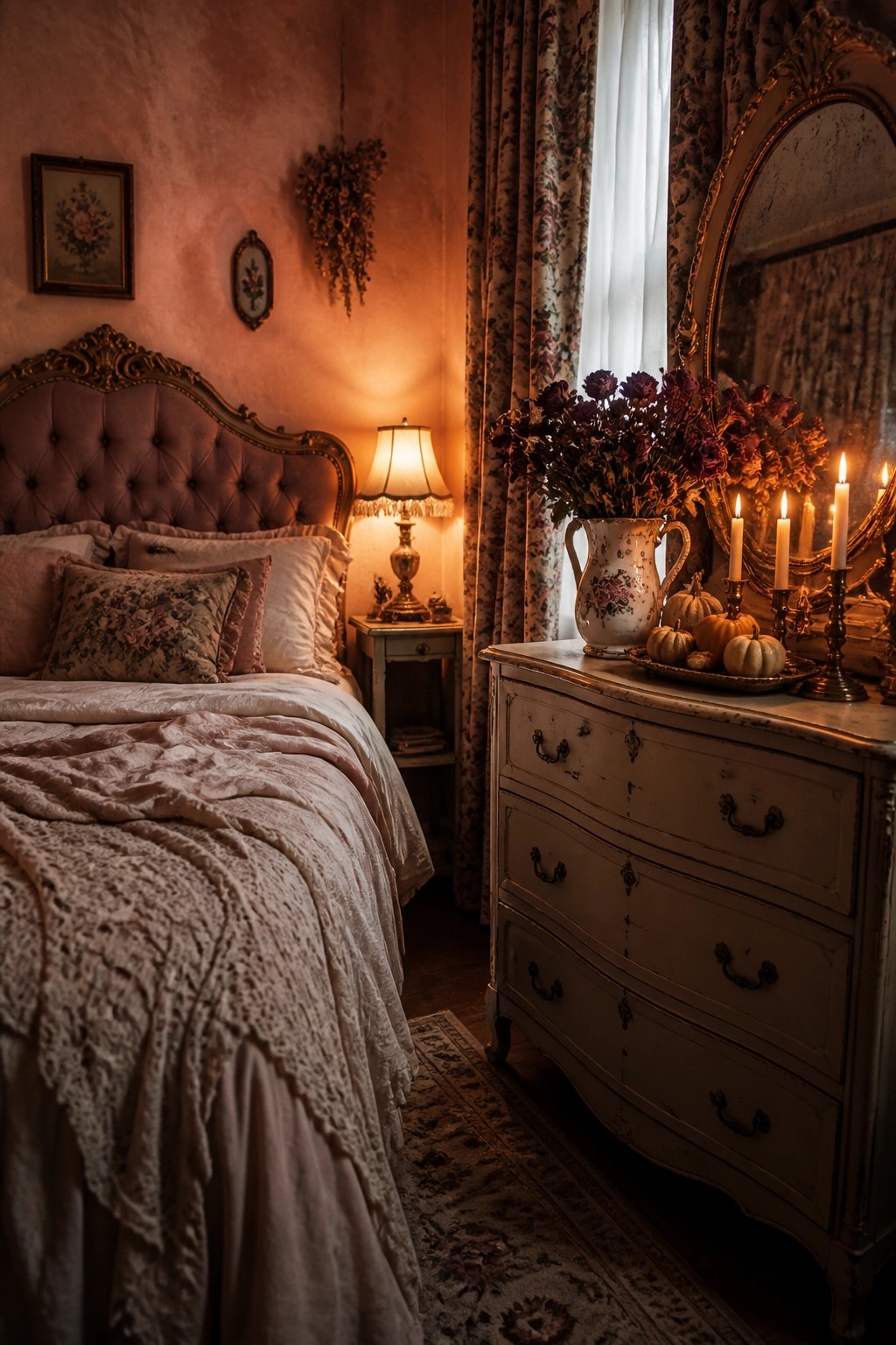 Vintage bedroom with rose bed, ornate dresser, glowing candles, autumn flowers, and pumpkins.