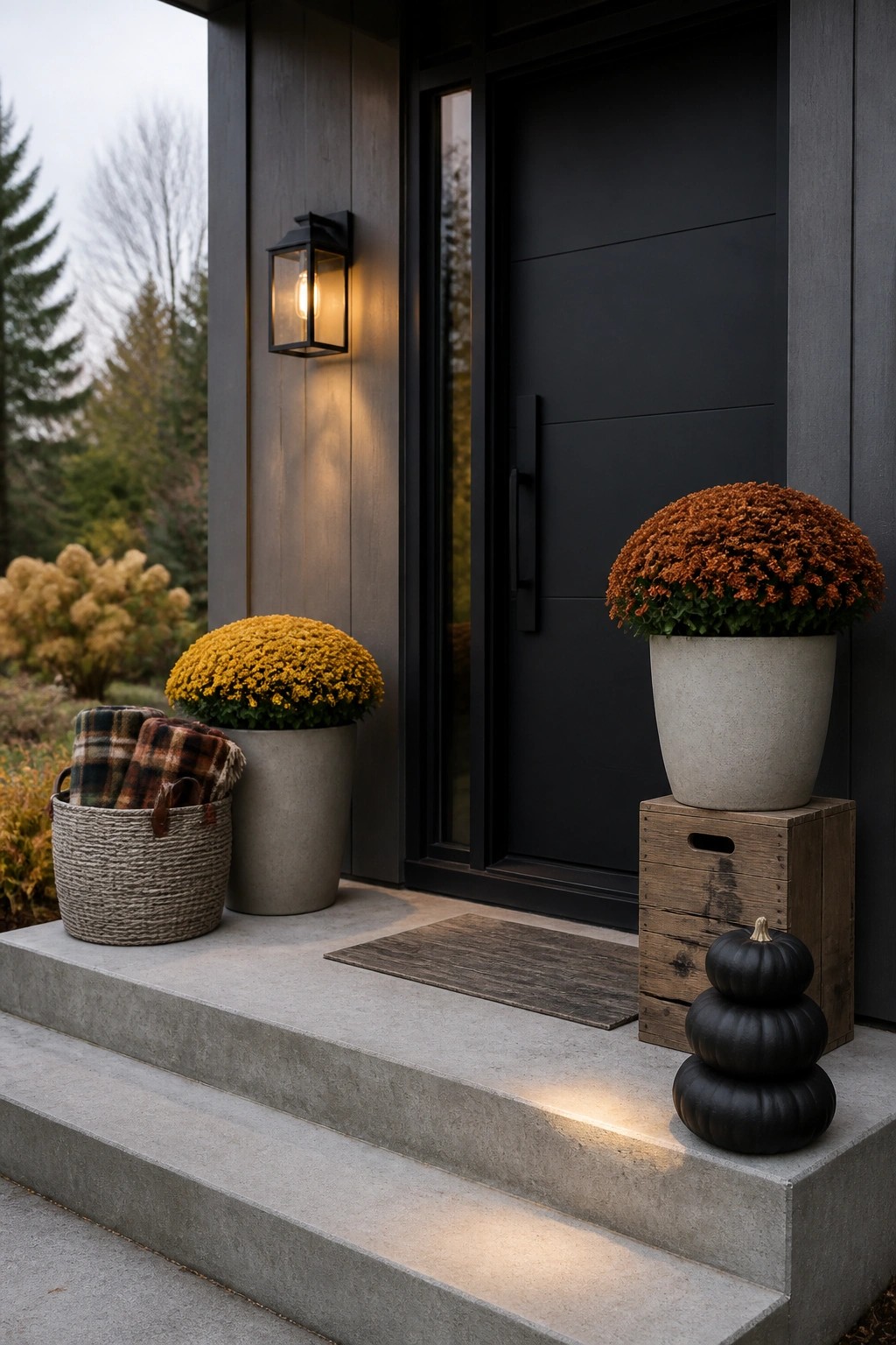 Concrete steps leading to a modern black front door, with two large potted chrysanthemums, a woven basket, a wooden crate, and stacked black pumpkins arranged on either side.