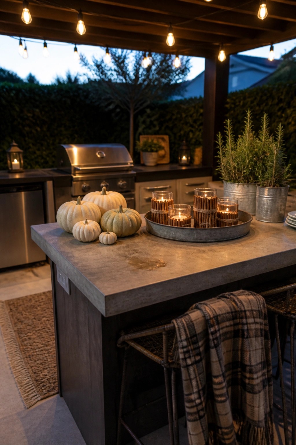 An outdoor kitchen island at dusk with white pumpkins on the left and a metal tray holding lit candles wrapped in cinnamon sticks on the right, next to potted rosemary.