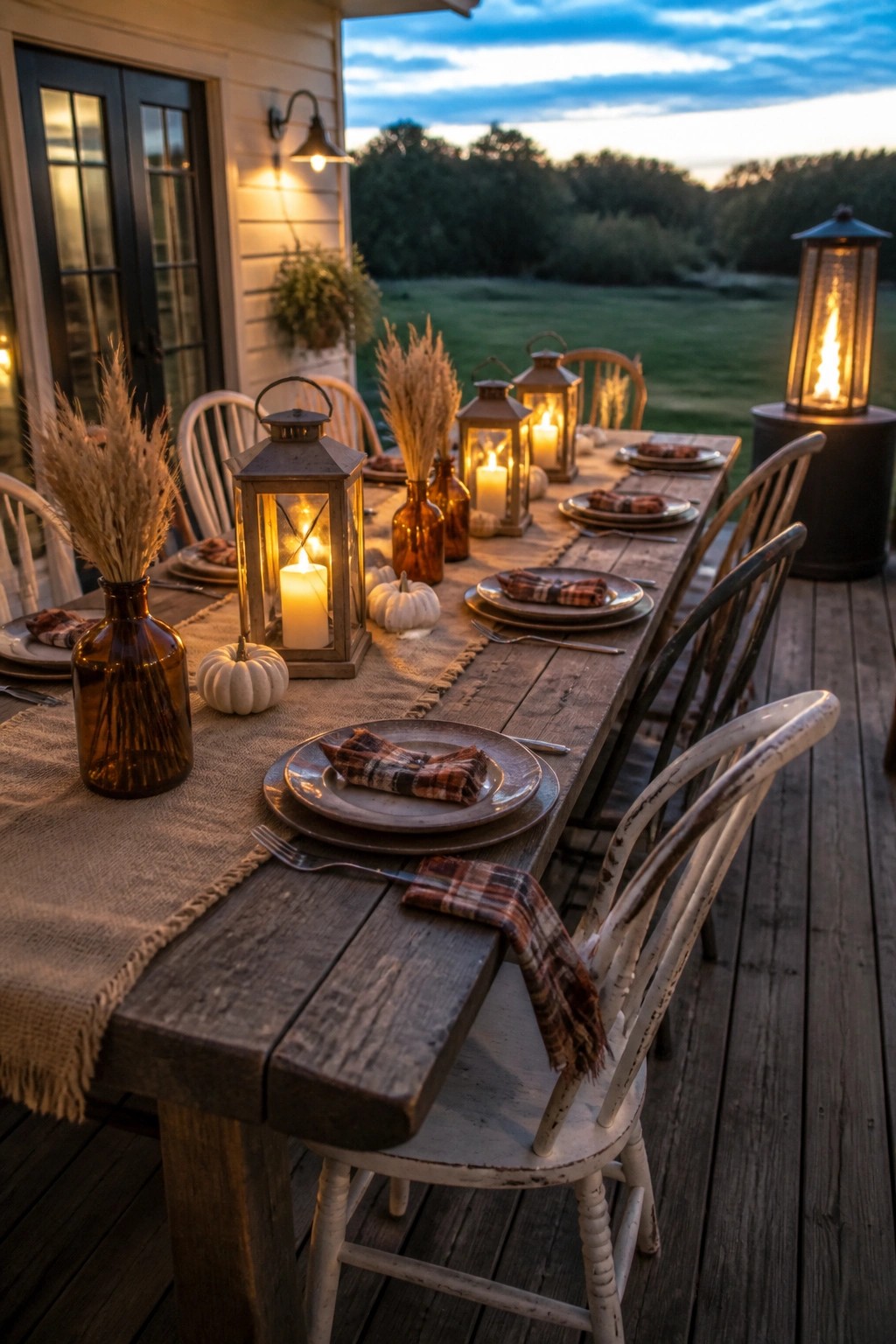 A long wooden table on a deck set for dinner with lanterns, plaid napkins, plates, and small white pumpkins at dusk.