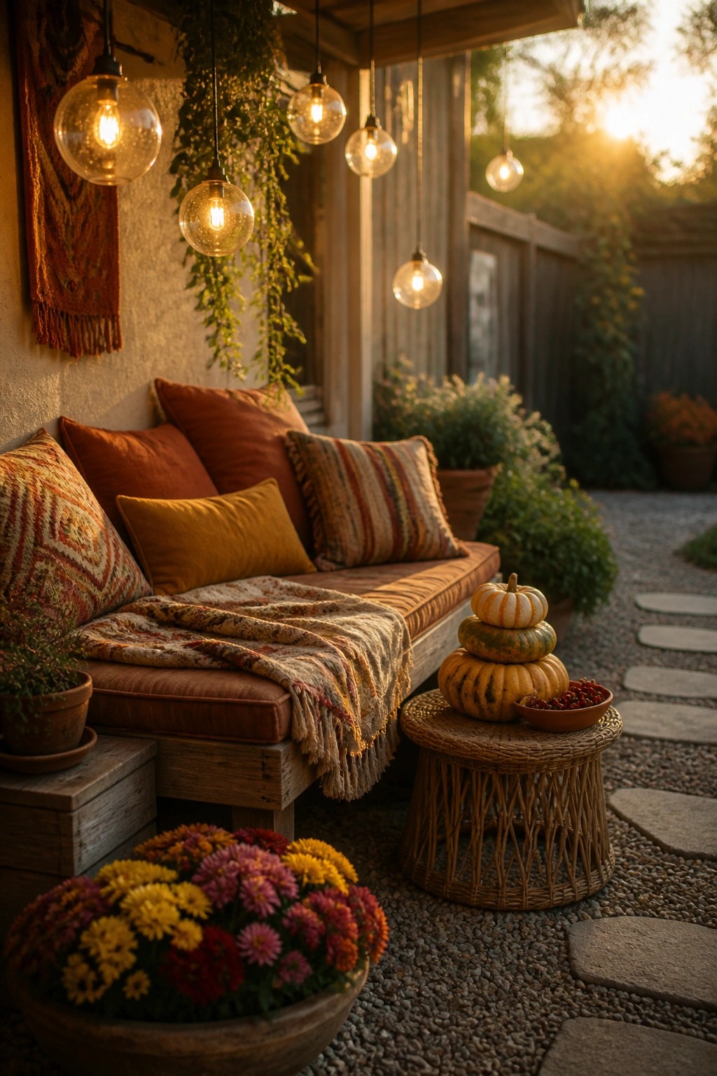 A wooden bench on a gravel patio styled with rust and mustard pillows, a patterned throw, stacked pumpkins on a wicker stool, and potted chrysanthemums under hanging glass lights.