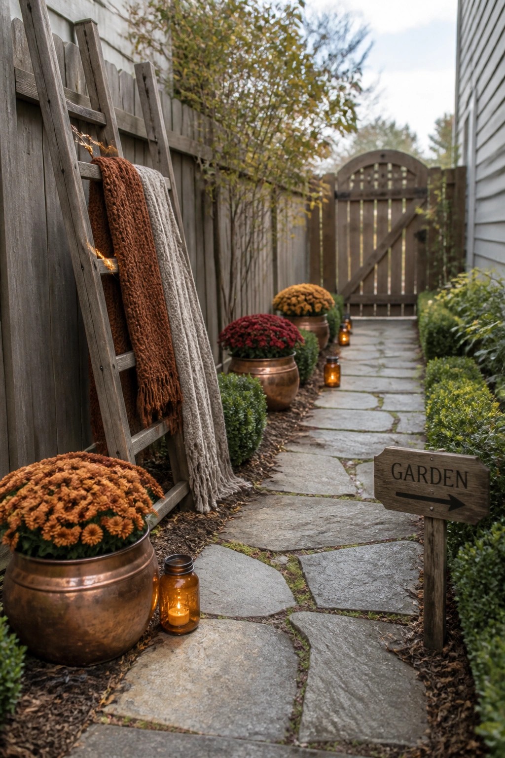 A stone pathway lined with copper pots of orange and red chrysanthemums, a wooden ladder with blankets, and small lanterns leading toward a garden gate.