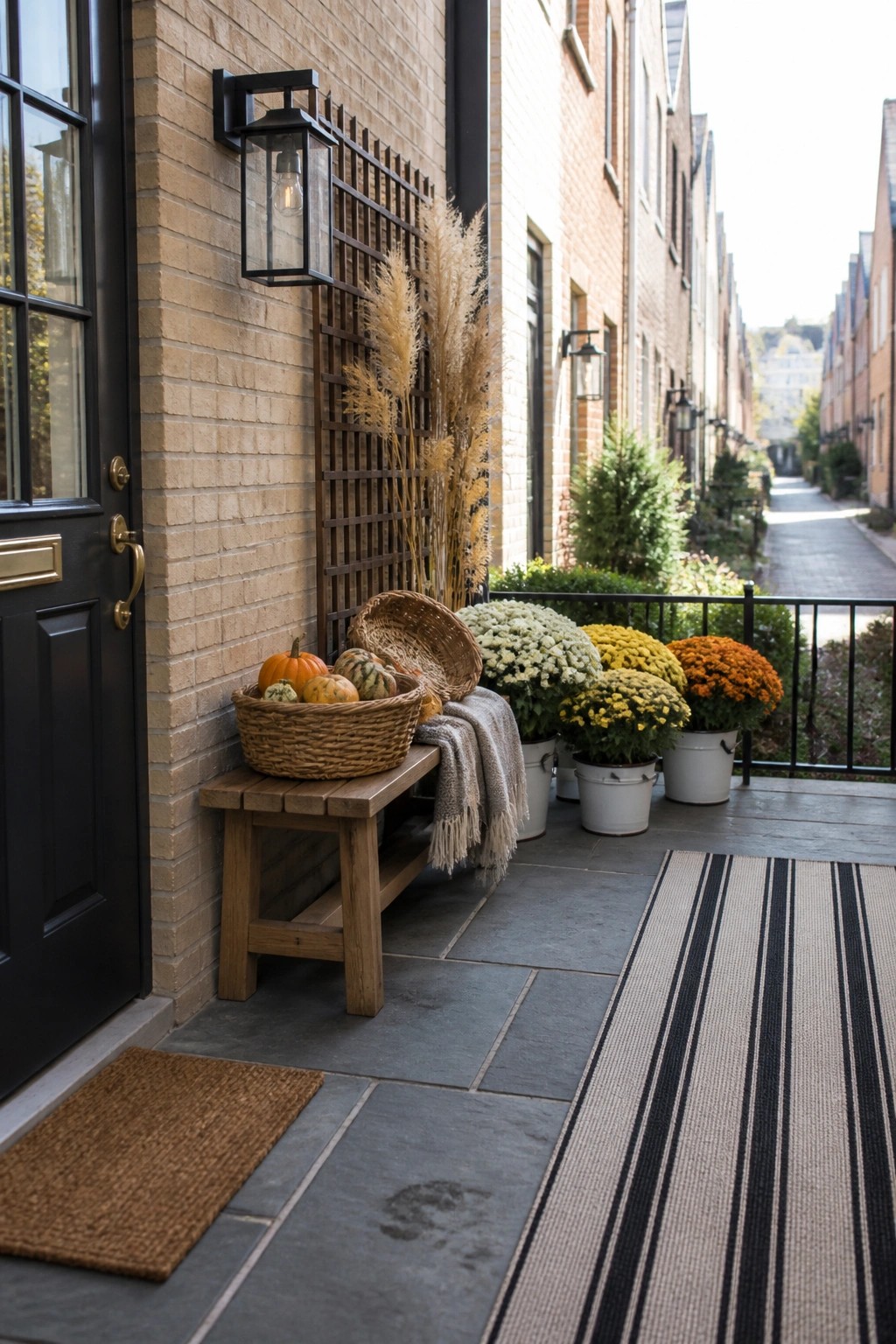 A brick house front entrance shows a wooden bench holding a basket of pumpkins next to a black door, with potted chrysanthemums along the porch and a striped rug on the stone floor.