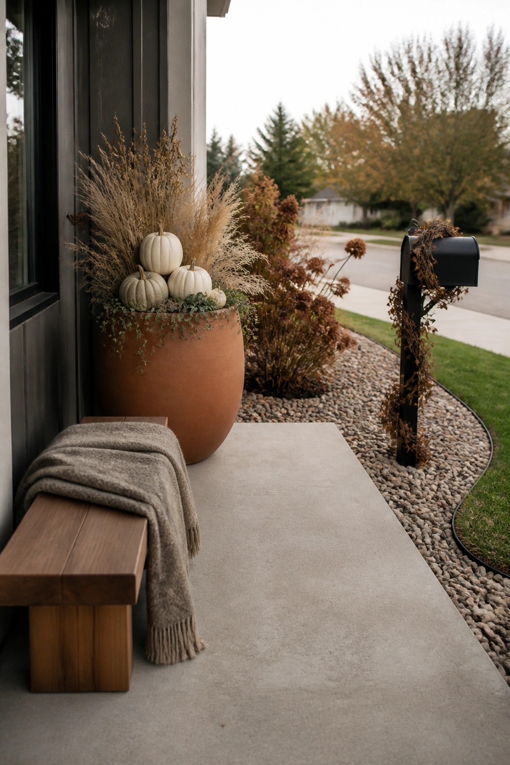 A large terracotta planter with white pumpkins and dried grasses sits beside a wooden bench on a concrete front porch.