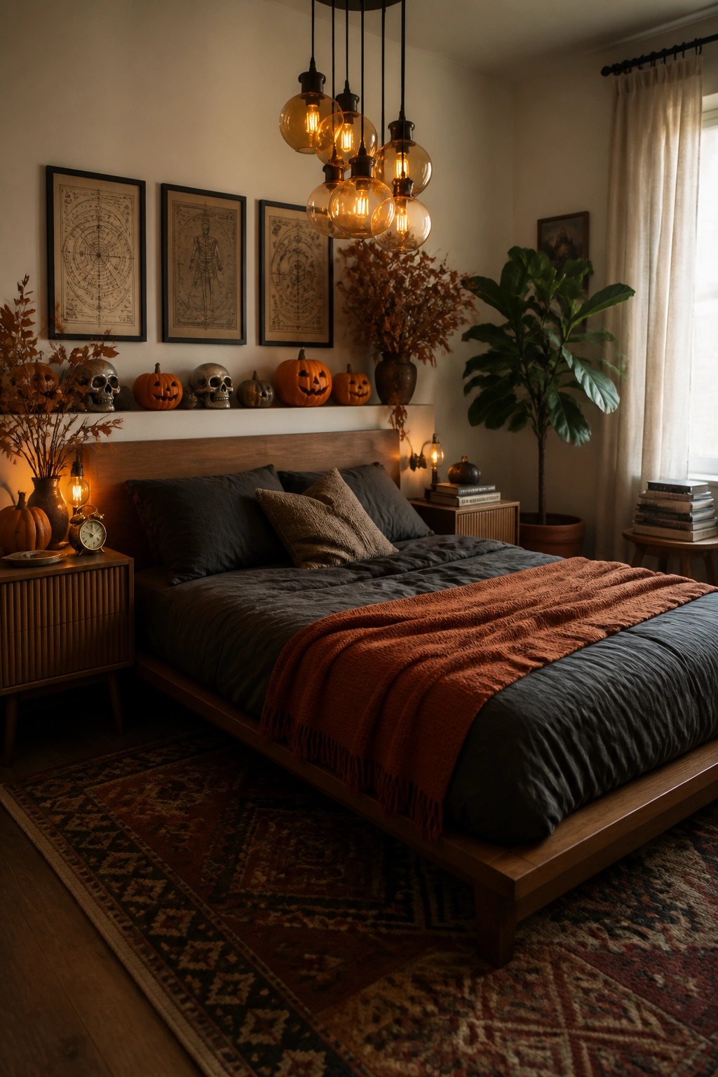 A cozy bedroom with a wooden bed, dark bedding, an orange throw, and a wall ledge holding pumpkins, skulls, and framed prints under warm pendant lights.