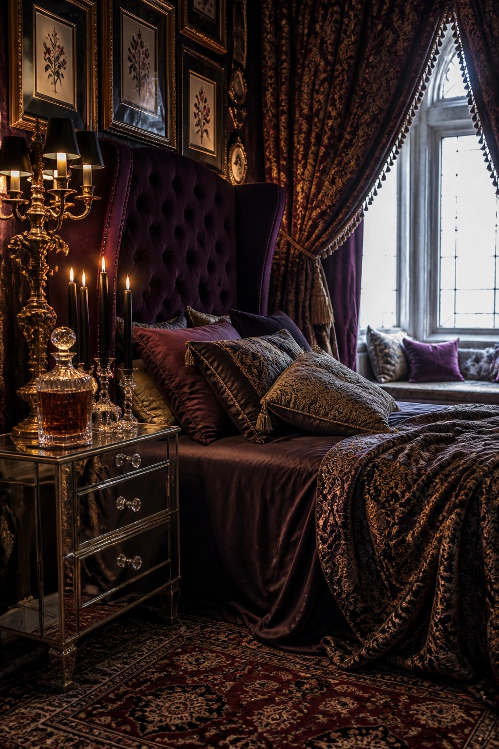 A bedroom with a tall purple velvet tufted headboard, dark velvet bedding and pillows, a mirrored nightstand holding a glass decanter and lit black candles, and heavy patterned curtains beside a window.