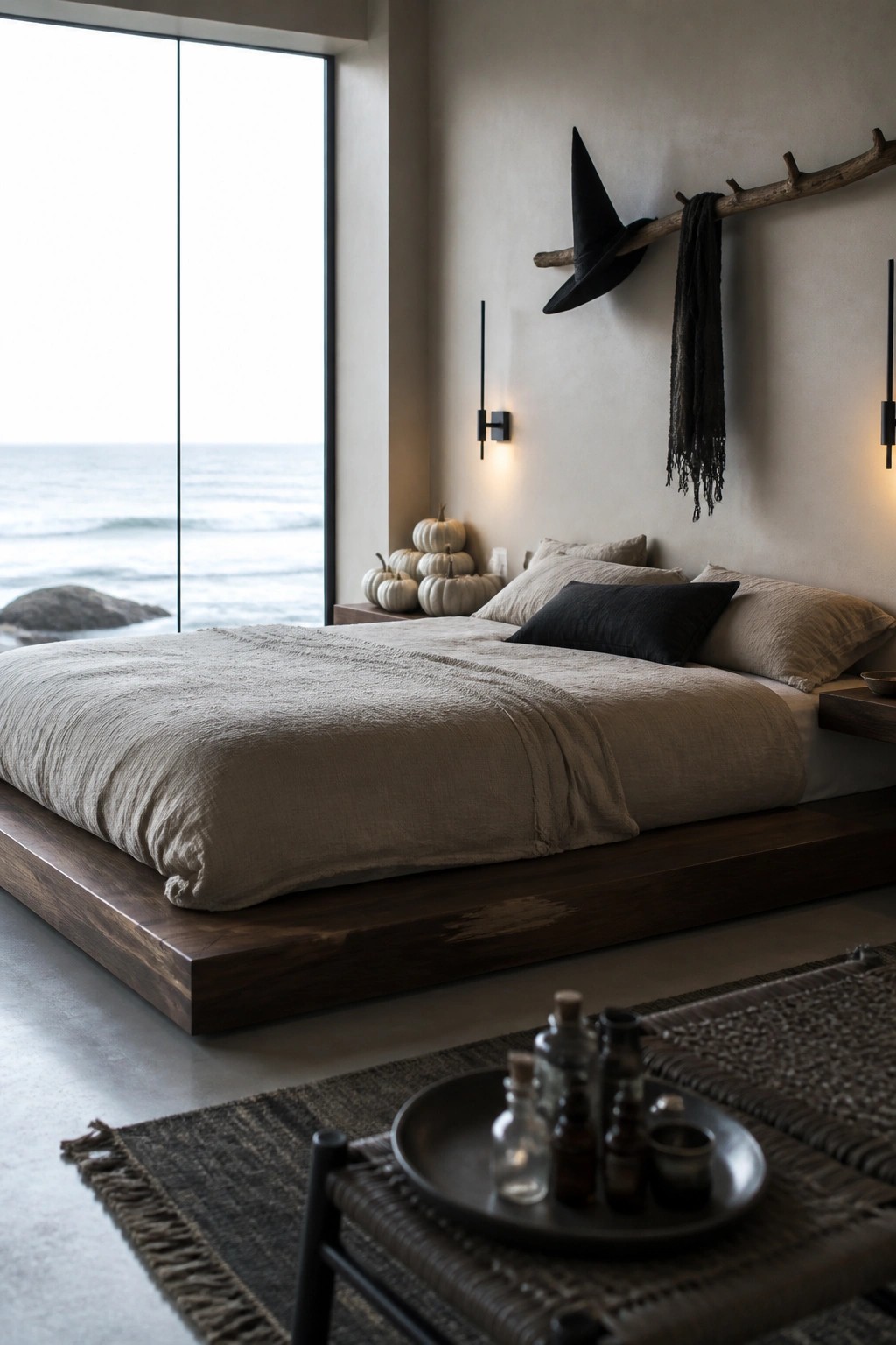 A minimalist bedroom with a low wooden platform bed, large ocean-view window, and a natural tree branch mounted on the wall holding a black witch hat and dark fabric.