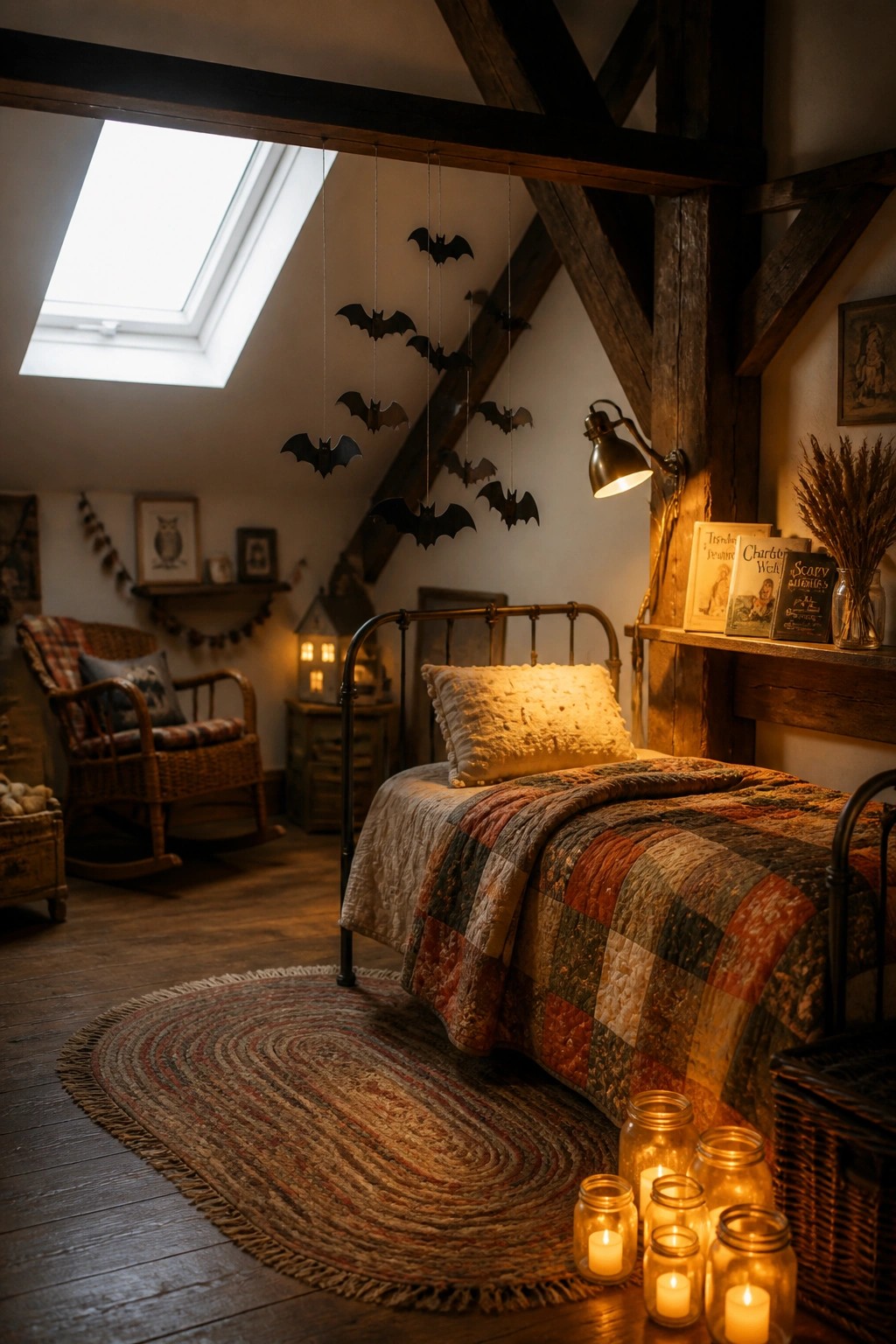 An attic-style bedroom with black paper bats hanging from wooden ceiling beams above a bed with a patchwork quilt, a wicker chair, and glowing candles in glass jars on the floor.