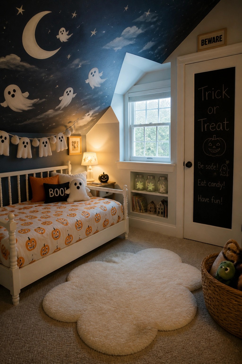 A child's bedroom featuring a night sky mural with ghosts and a moon on the ceiling, pumpkin bedding on a white bed, a cloud-shaped rug, and a chalkboard door with Halloween writing.
