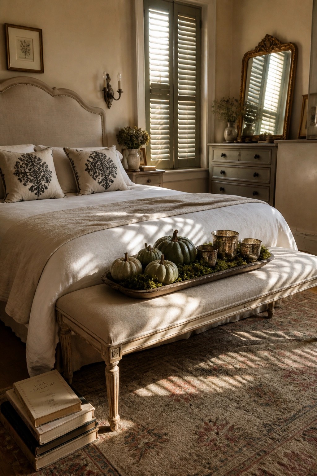 A bedroom with a bed dressed in white linens, a bench at the foot holding a tray of small pumpkins and moss, and books stacked on a rug nearby.
