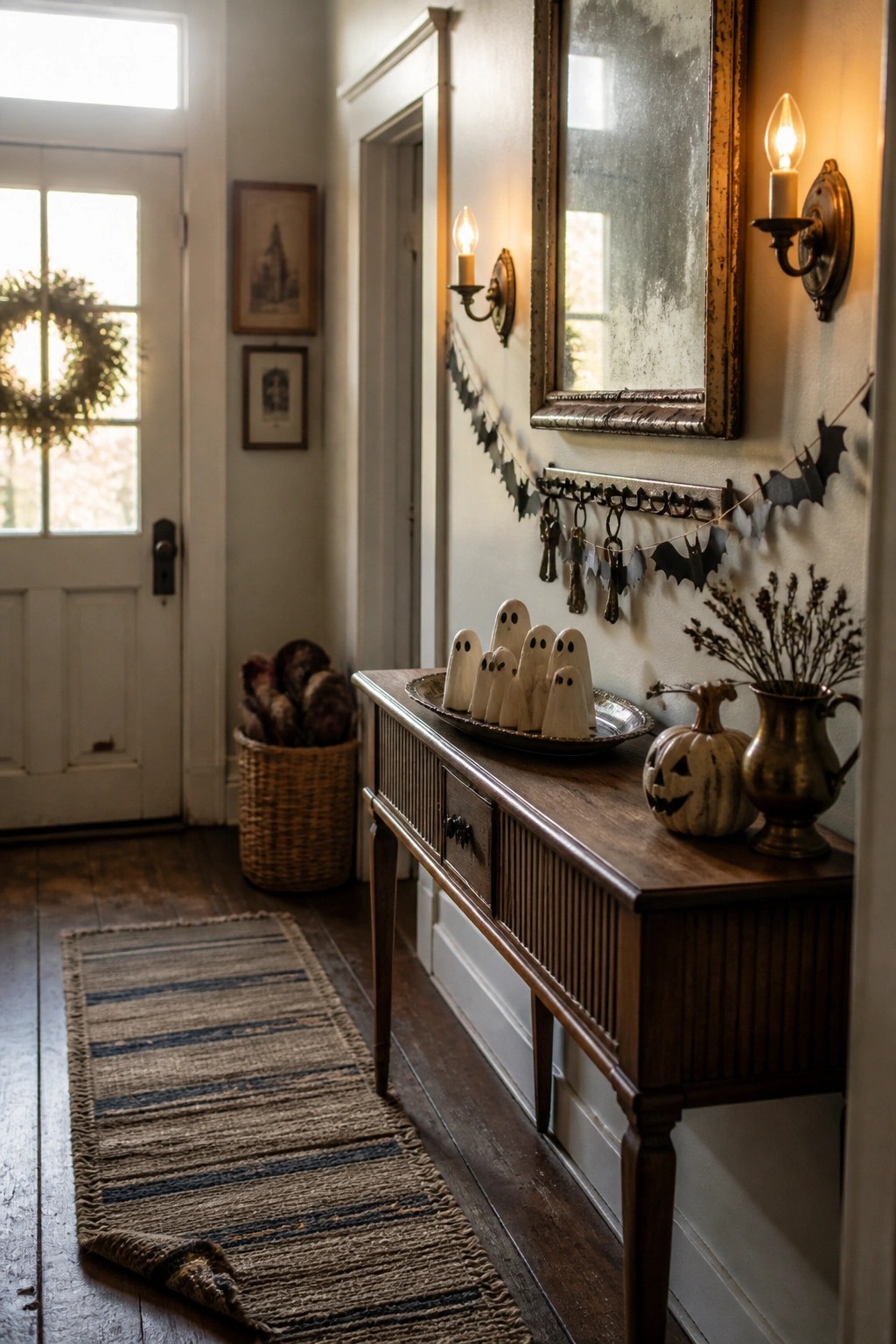 A wooden console table in a hallway holds white ghost figures on a metal tray, with a bat garland on the wall above and a small carved pumpkin beside a brass pitcher.