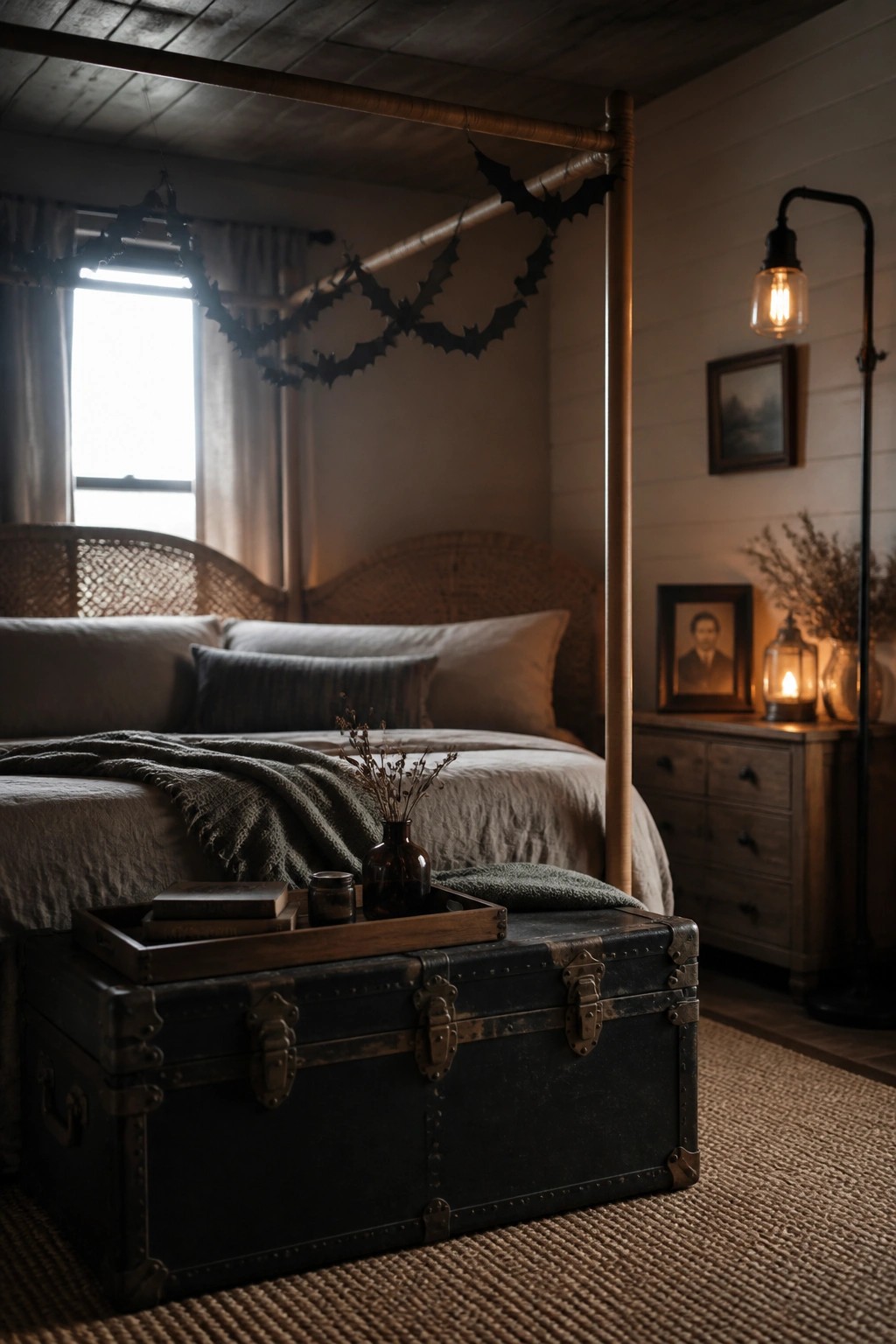 A bedroom interior showing a canopy bed with a black bat garland draped across the wooden frame, a large vintage trunk at the foot of the bed holding books and small vases, and a floor lamp providing warm light.