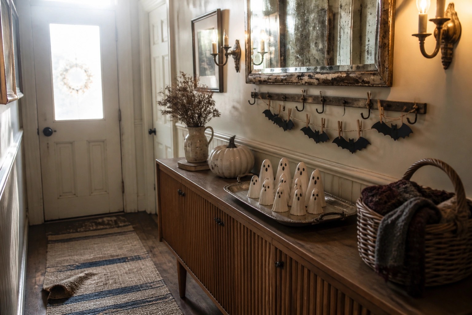A wooden console table in a hallway holds white ghost figures on a metal tray, with a bat garland on the wall above and a small carved pumpkin beside a brass pitcher.