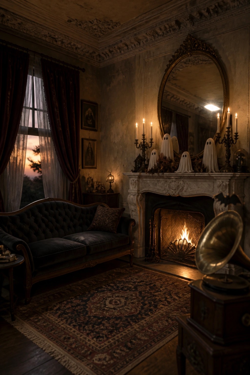 Several small white ghost figures arranged on a marble fireplace mantel with candelabras and an ornate oval mirror above in a dimly lit vintage room.