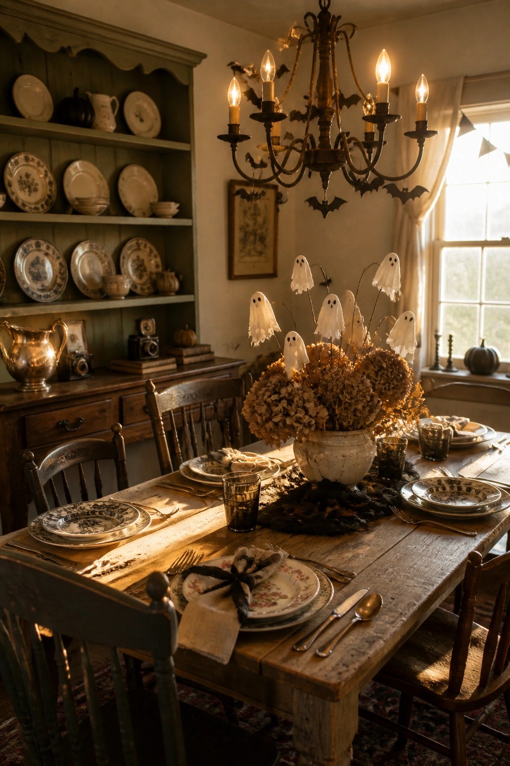 Rustic Halloween dining table with ghost floral centerpiece, bat chandelier, and vintage plates.