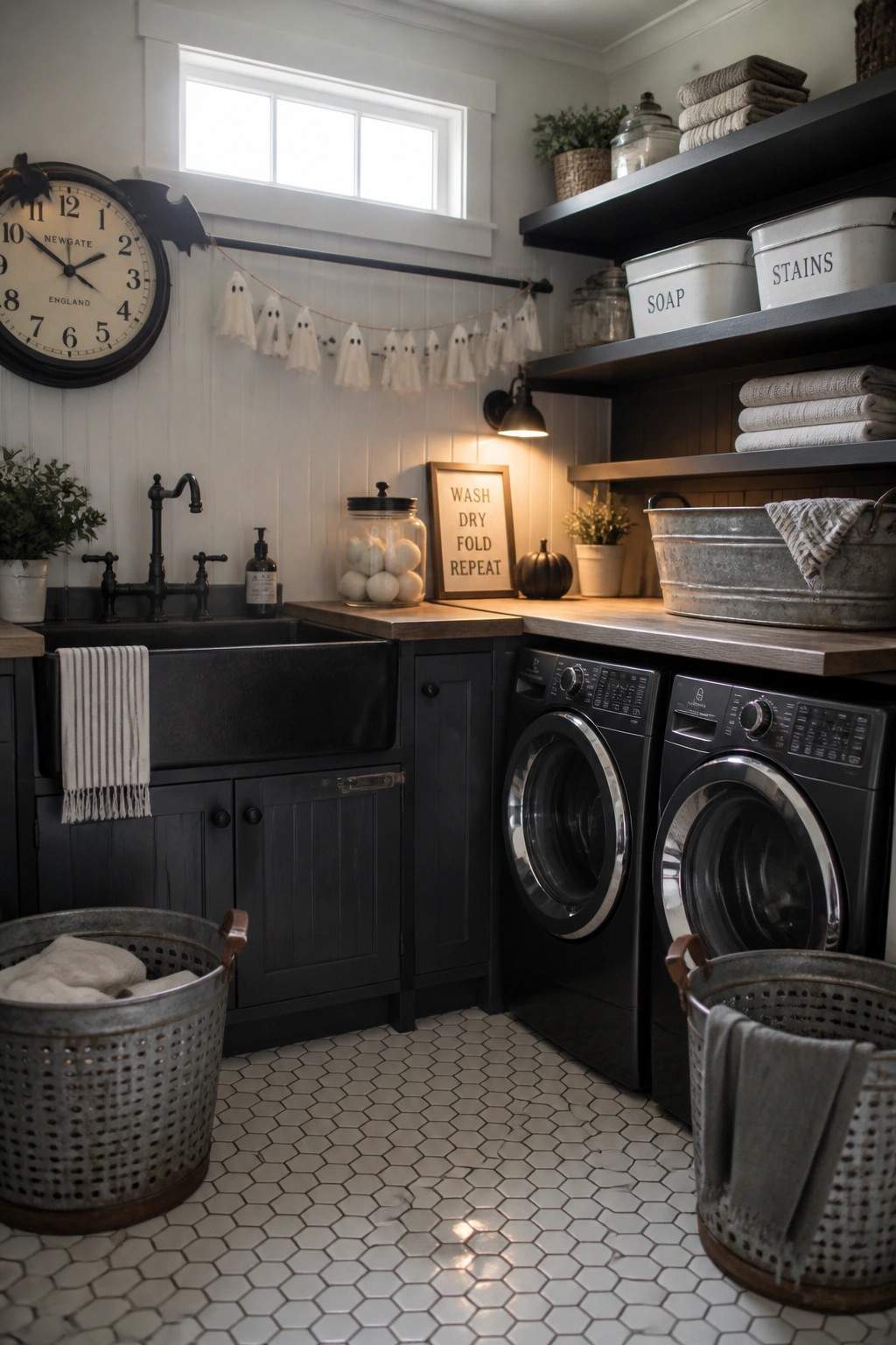 A laundry room with black cabinets, a farmhouse sink, two front-loading washers, open black shelves, and a string of white ghost decorations hanging on the wall.