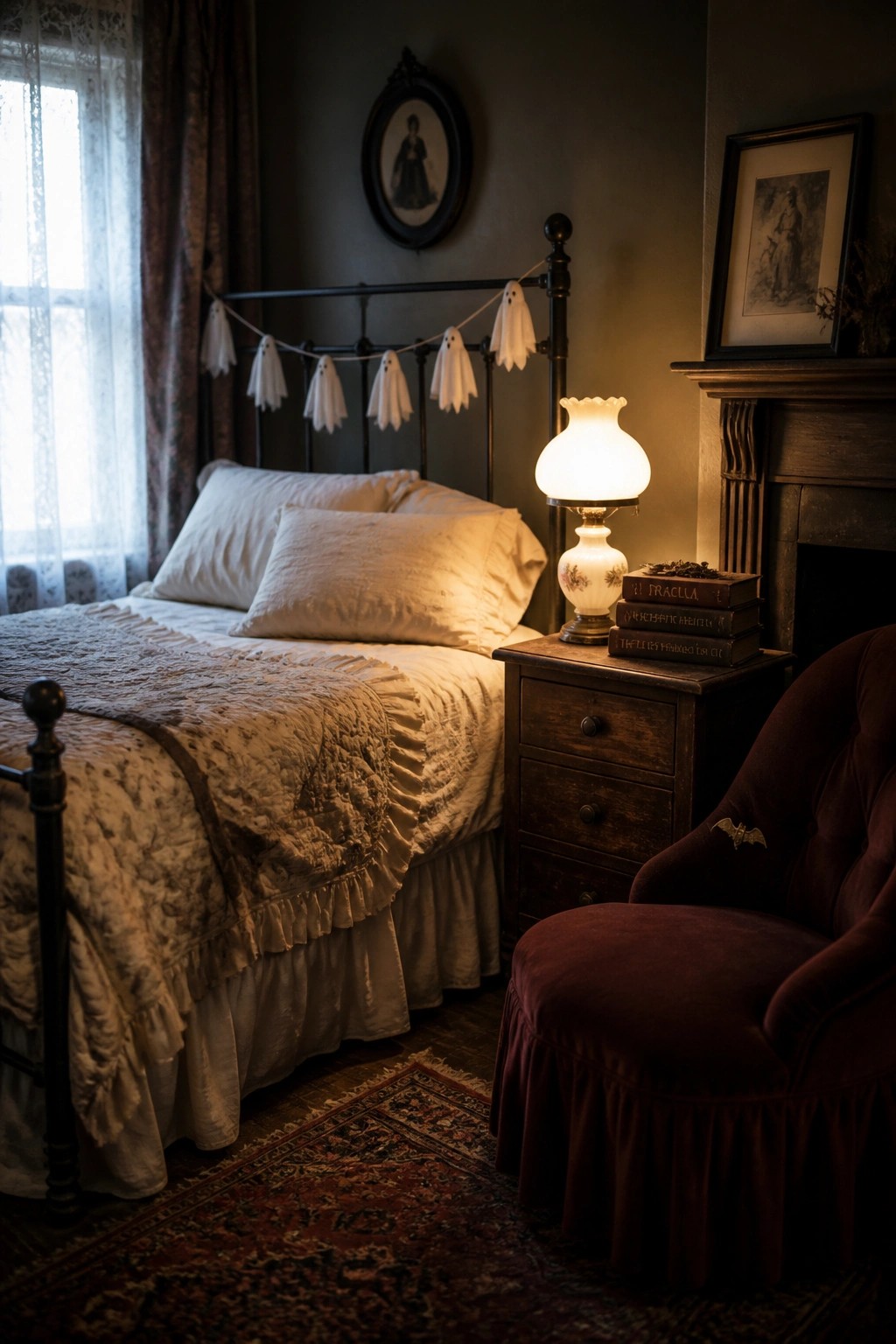 A dimly lit vintage bedroom with a black iron bed frame strung with white ghost garlands, white bedding, a glowing lamp on a wooden nightstand stacked with old books, and a maroon velvet chair with a small bat accent.