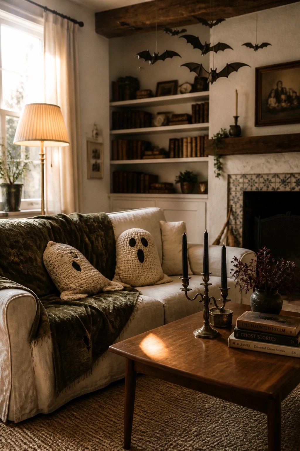 A living room featuring a white sofa with two crocheted ghost pillows, a wooden coffee table holding black candles and stacked books, built-in bookshelves, a fireplace, and several black paper bats hanging from the ceiling beams.