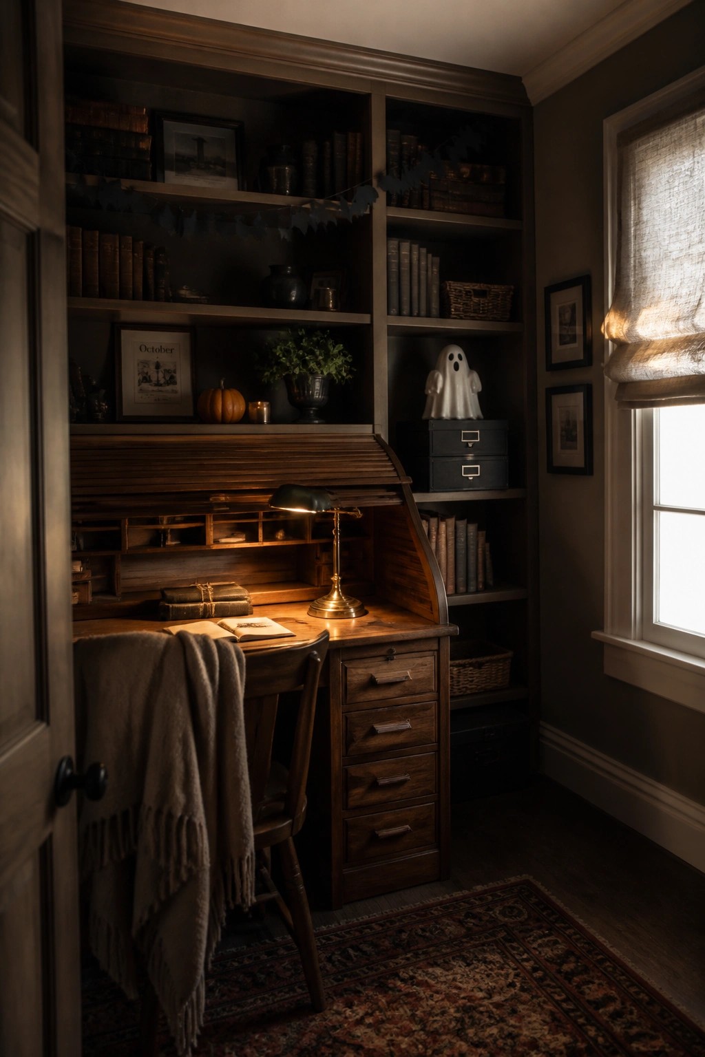 A wooden roll-top desk with built-in bookshelves holding books, a small white ghost figure, a pumpkin, and vintage items in a home office.