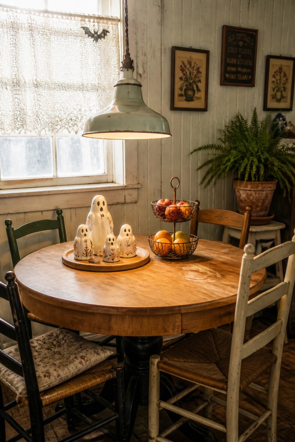 Ceramic ghost figurines arranged on a round wooden tray sit on a rustic dining table beside a wire fruit basket under a hanging pendant light.