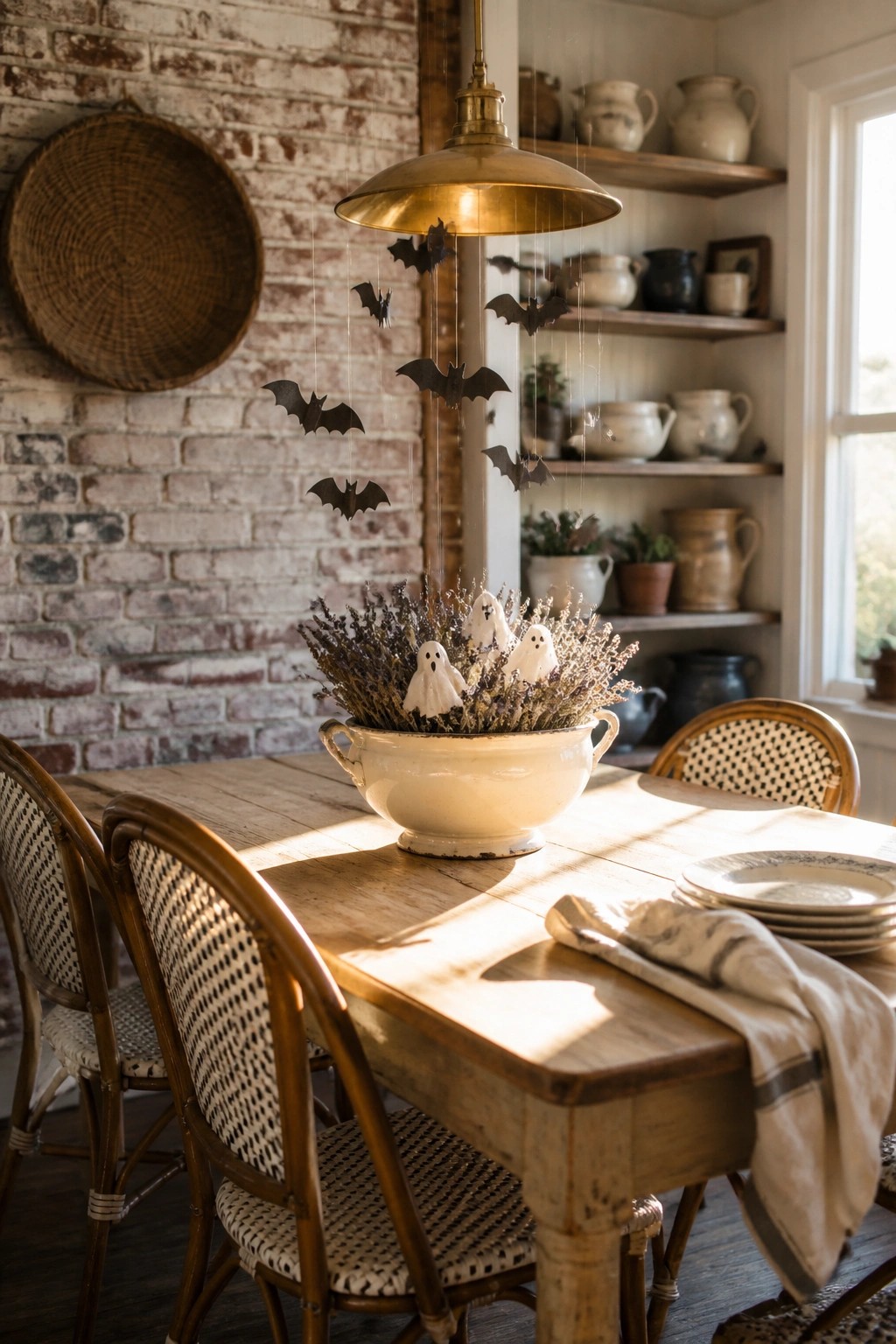 A dining room scene showing black paper bats suspended from a brass pendant light above a wooden table with a white bowl of dried lavender and small ghost figures.