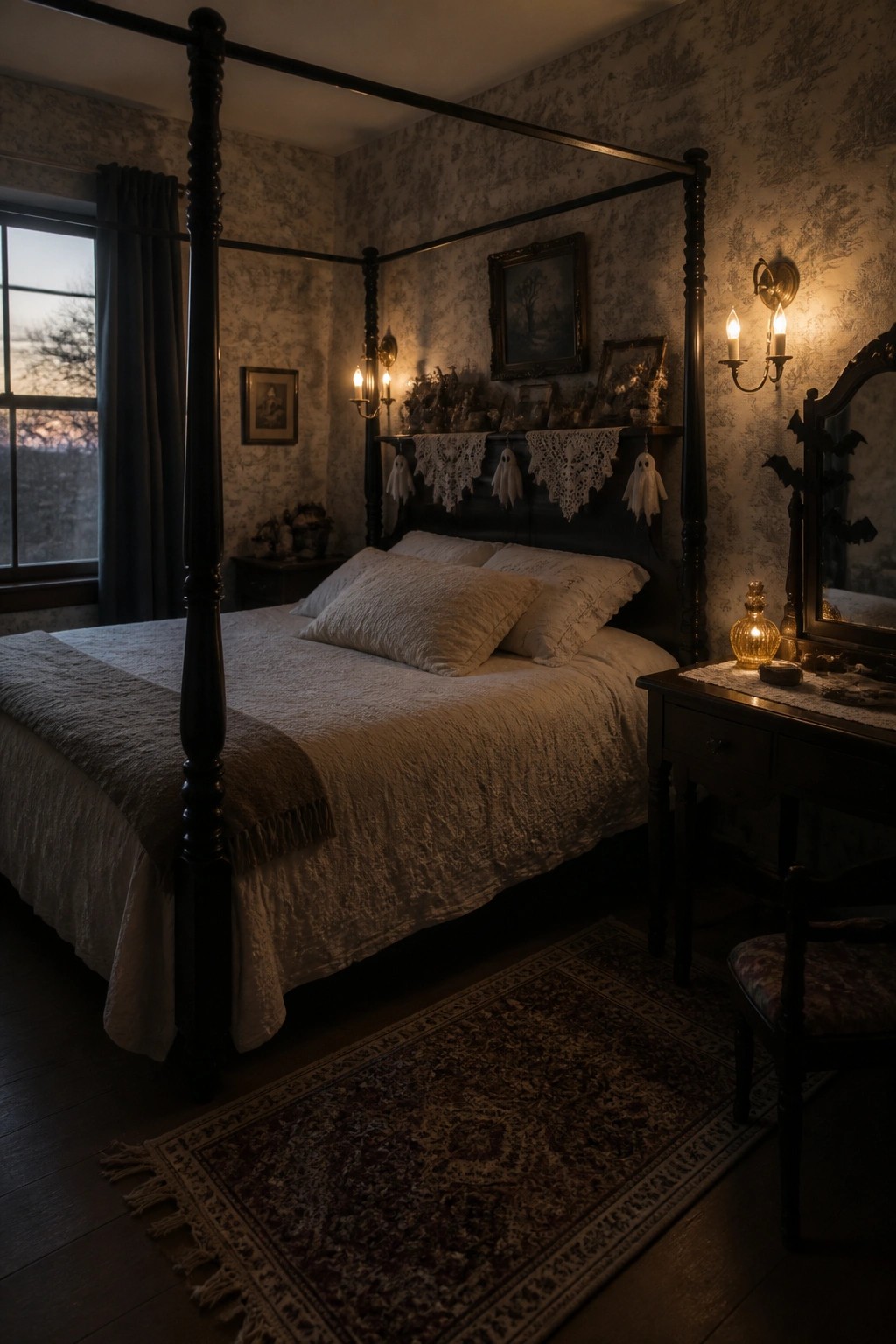 A dimly lit bedroom with a black four-poster bed, white bedding, patterned wallpaper, wall sconces, and small ghost figures hanging from a shelf above the headboard.