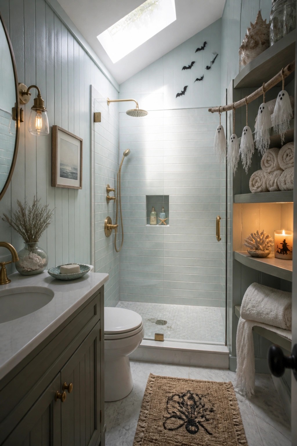 Light blue bathroom with shower, vanity, toilet, bats, ghosts, and seashell decor.