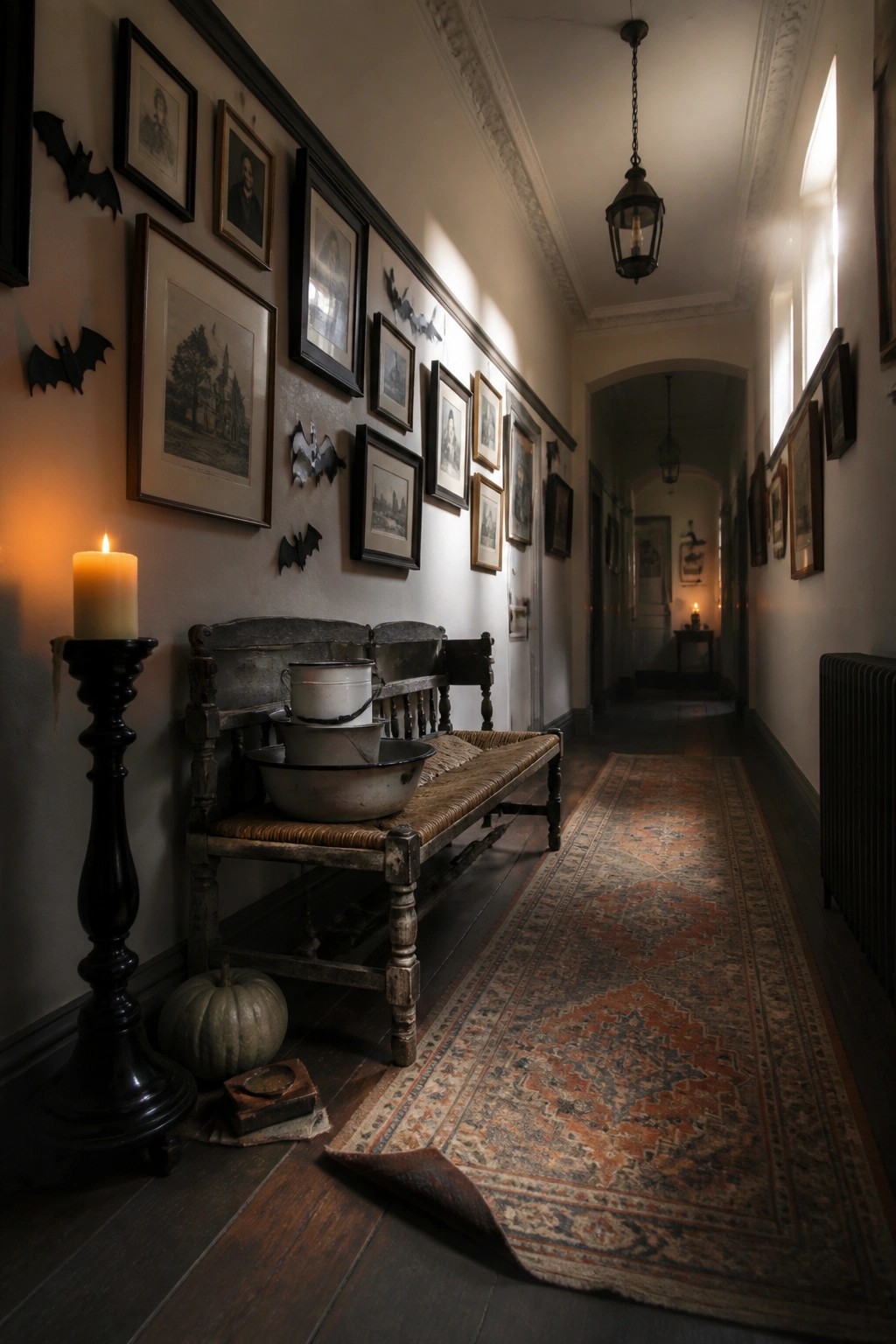 A long interior hallway with dark wood floors, a worn patterned runner, an old wooden bench holding metal bowls, and walls lined with vintage framed pictures interspersed with black bat decorations, plus a large lit candle on a stand in the foreground.