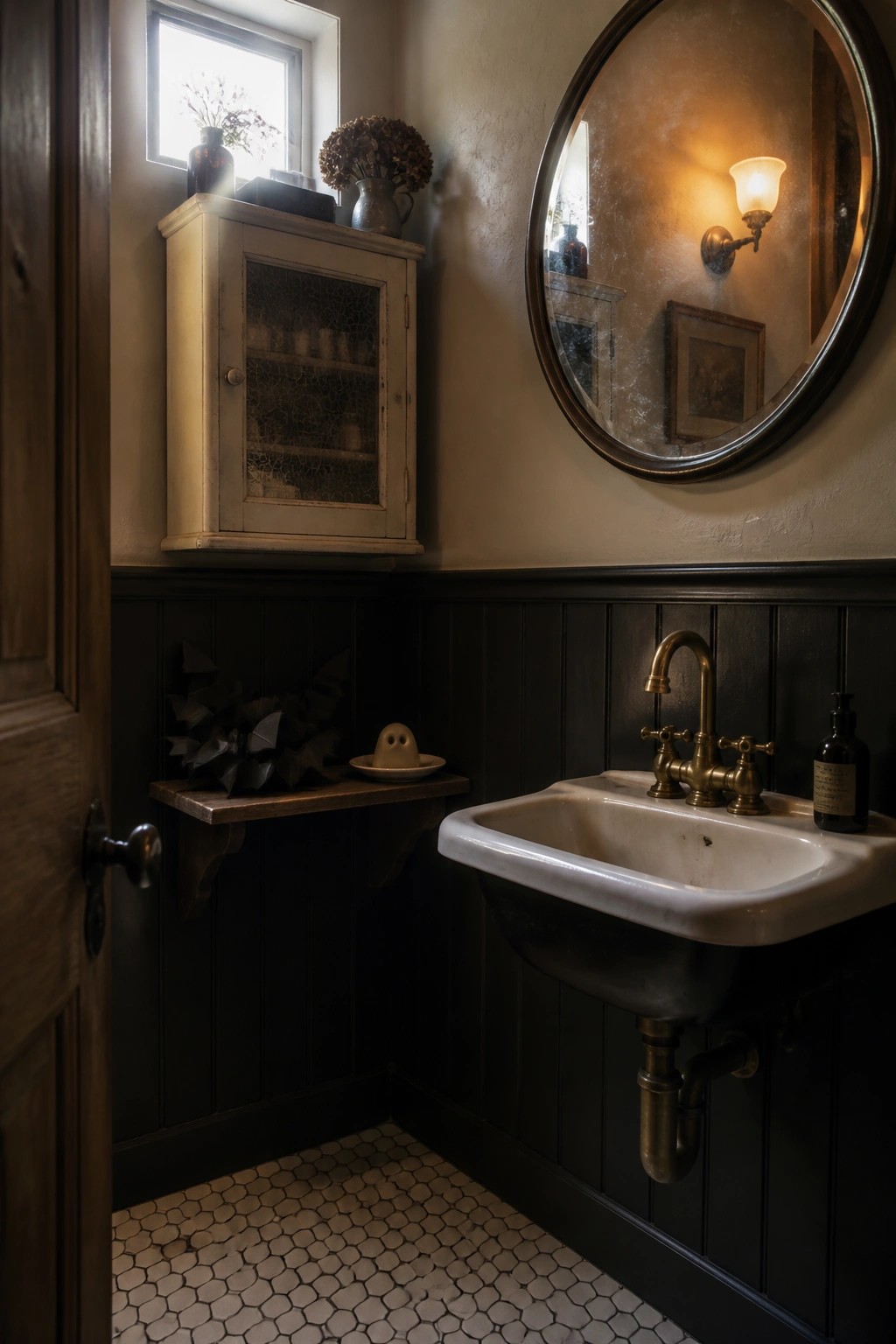 A vintage bathroom corner with dark paneling, a white sink, a round mirror, and a small ghost figurine resting on a wooden shelf.