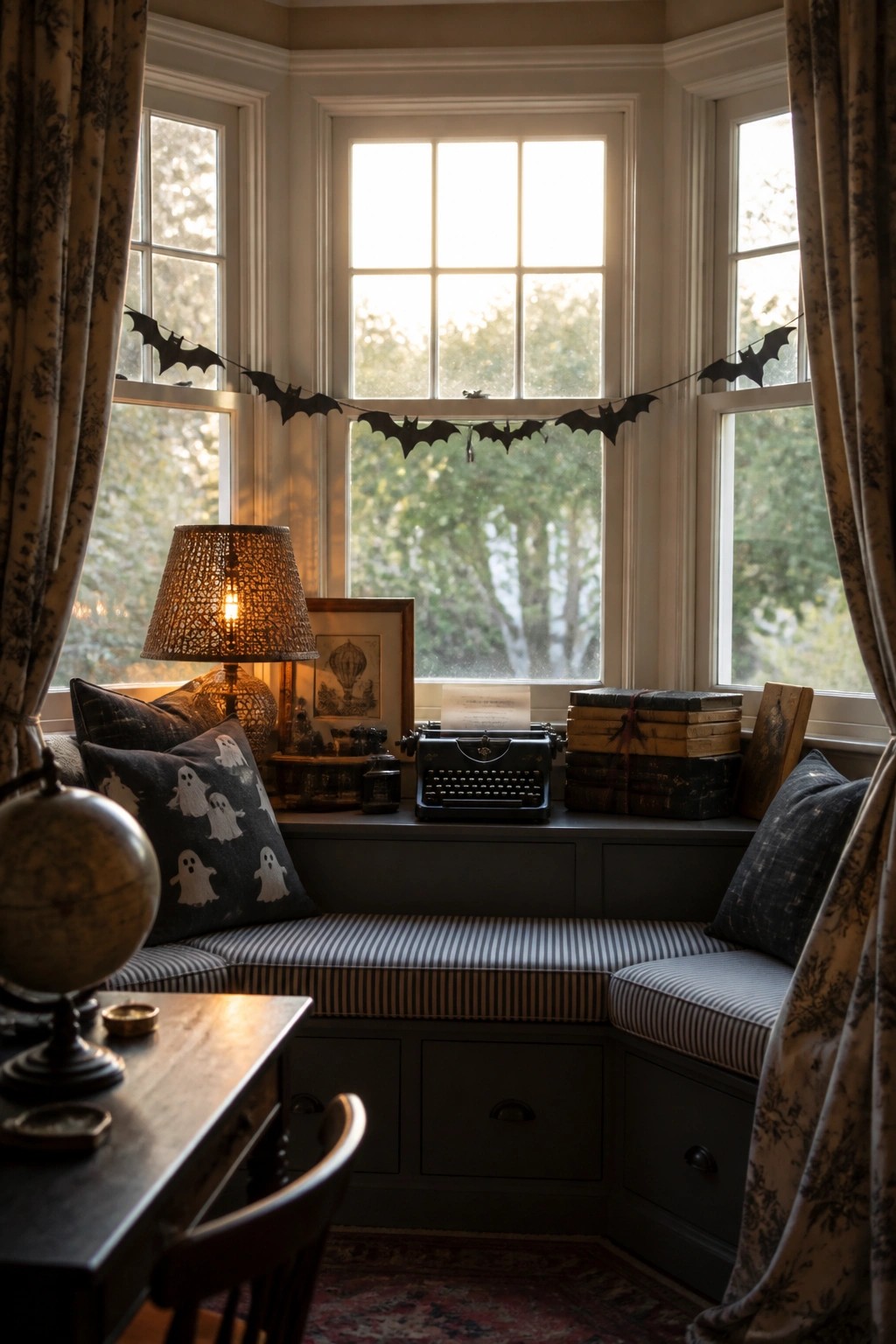 A cozy interior room with a built-in window seat, vintage typewriter, ghost-patterned pillows, bat garland across the windows, and a lit table lamp.