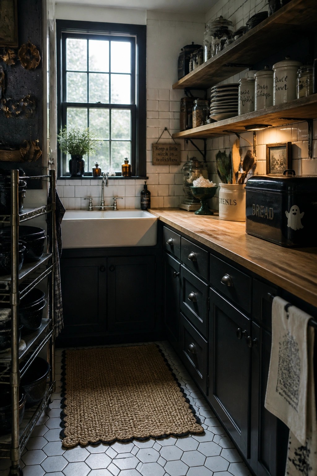 Rustic dark kitchen with black cabinets, farmhouse sink, wooden shelves, and ghost bread box