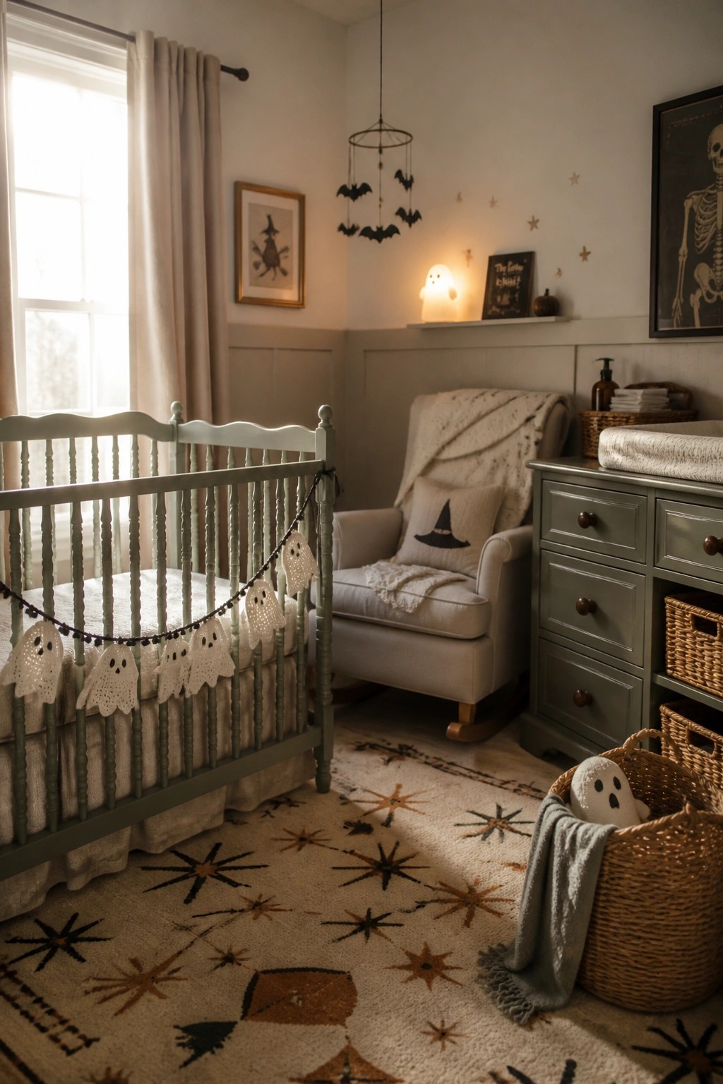 Halloween nursery with ghost garland on sage crib, bat mobile, witch pillow, and starry rug
