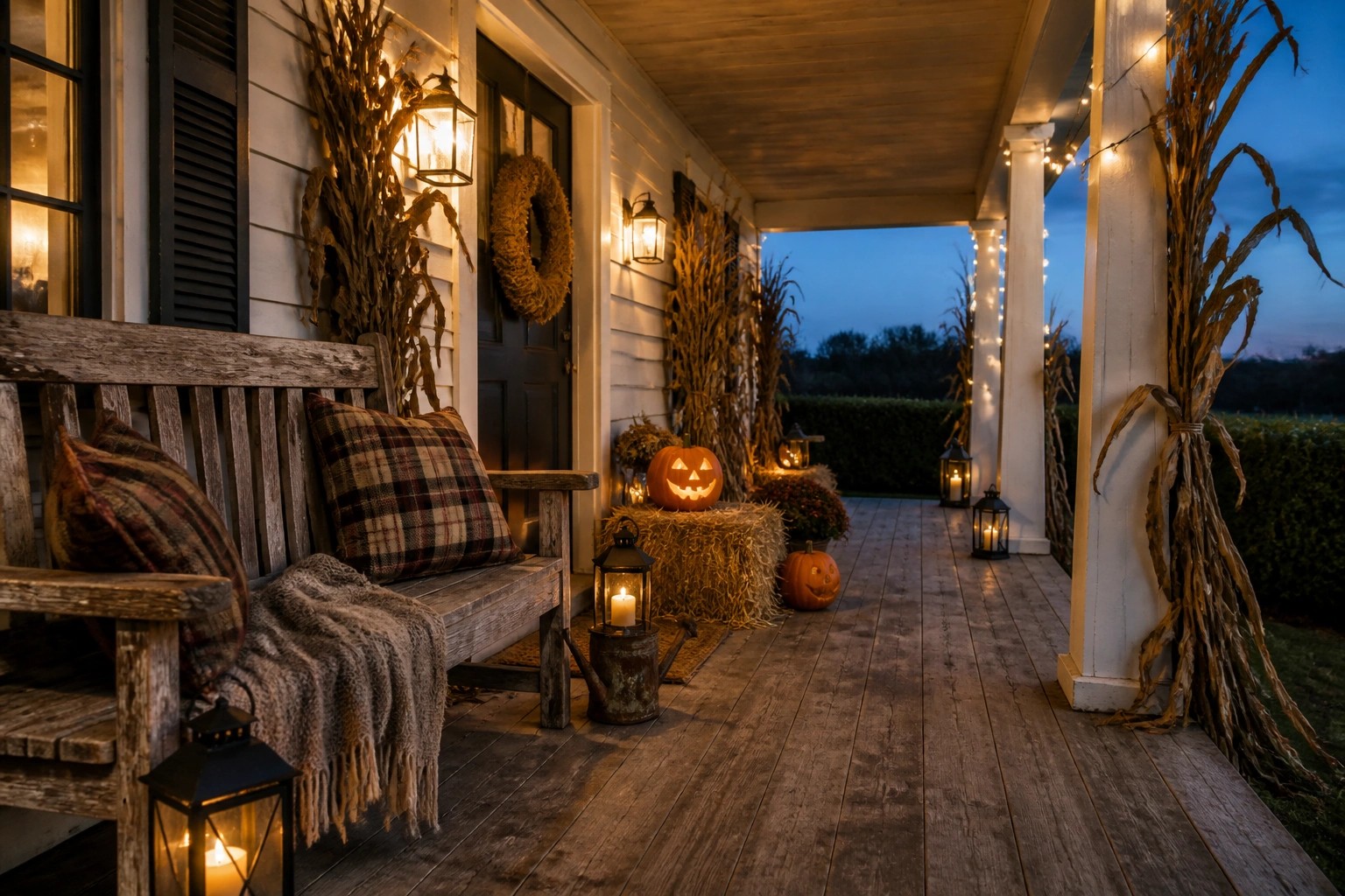 A wooden front porch at dusk with carved pumpkins on hay bales, dried corn stalks, several lit lanterns, and string lights along the ceiling.