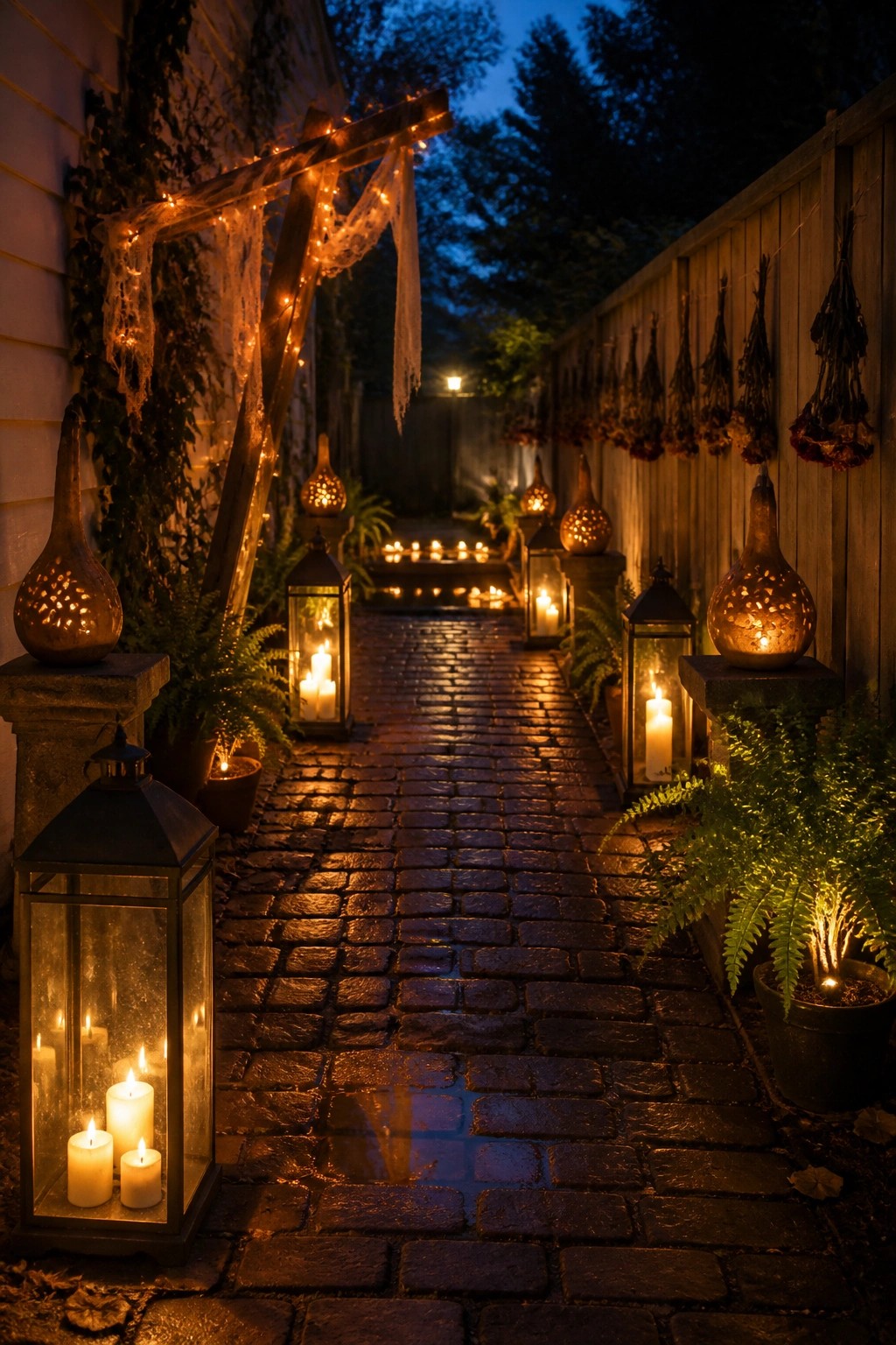 A brick garden path at dusk lined with glowing metal lanterns, string lights on a wooden frame, and large gourd lanterns on posts.
