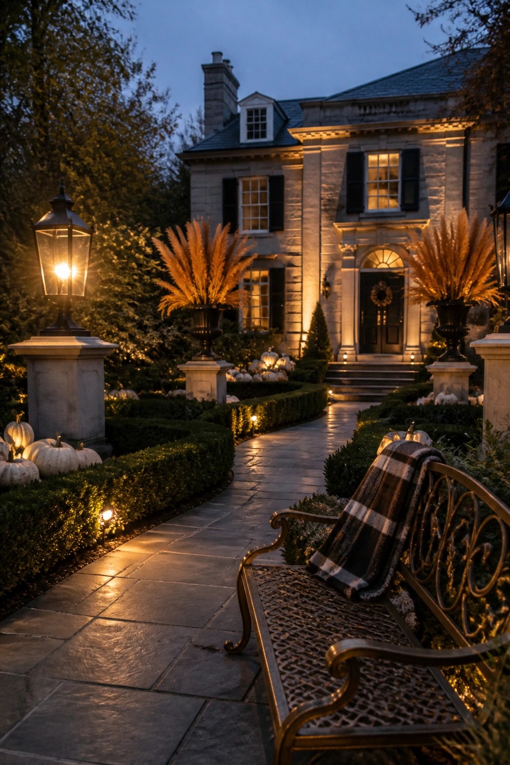 A stone house exterior at dusk featuring a curved stone walkway lined with glowing lanterns, clusters of white pumpkins in the landscaping, and tall grasses in urns flanking the entrance steps.